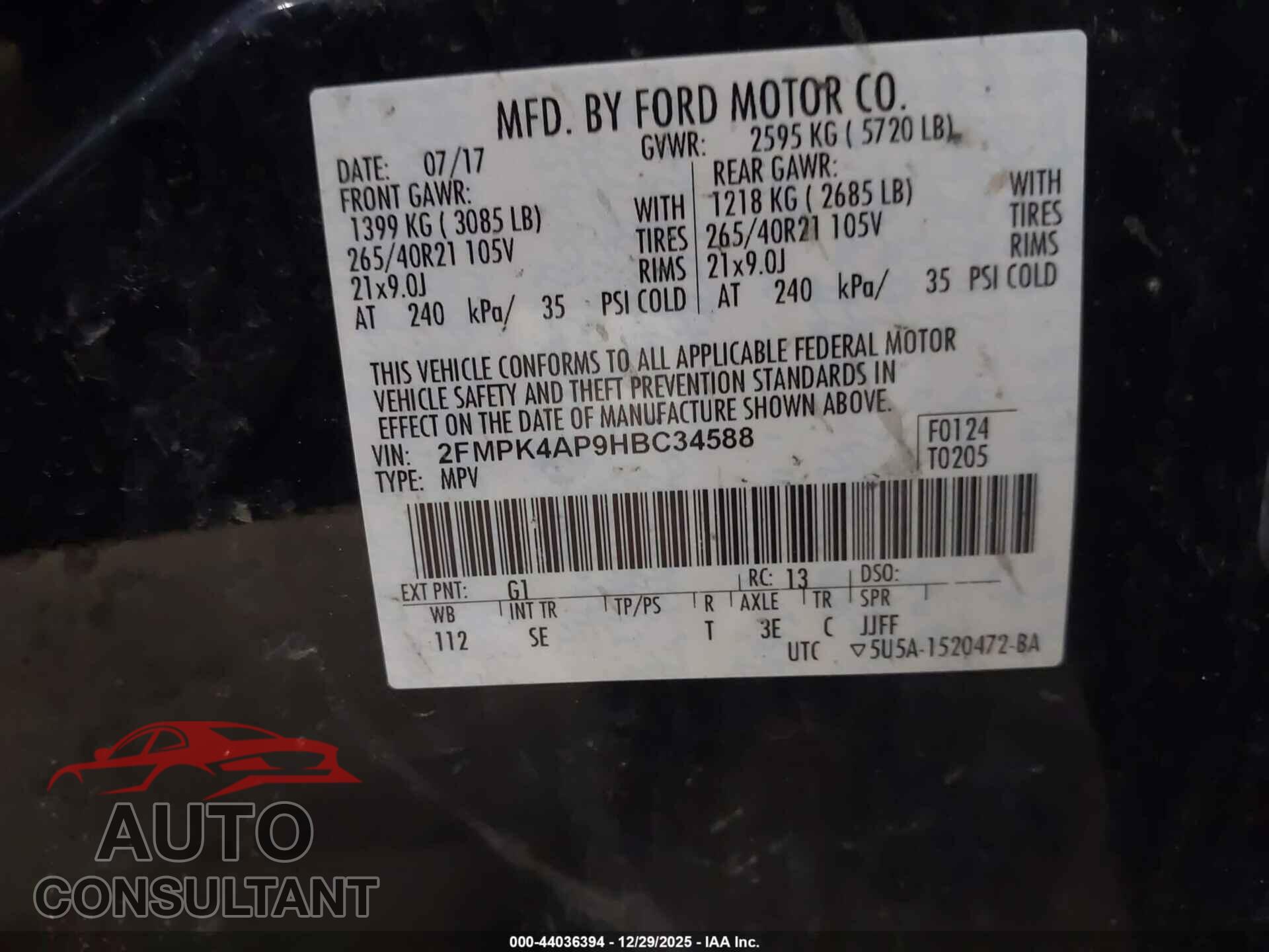 FORD EDGE 2017 - 2FMPK4AP9HBC34588