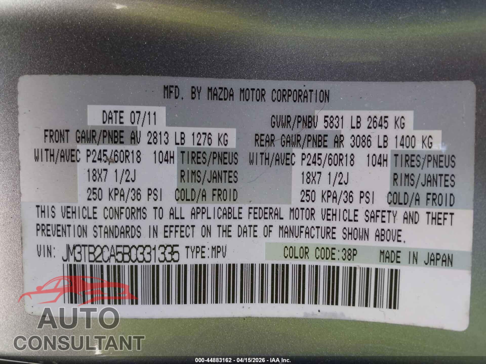MAZDA CX-9 2011 - JM3TB2CA5B0331335