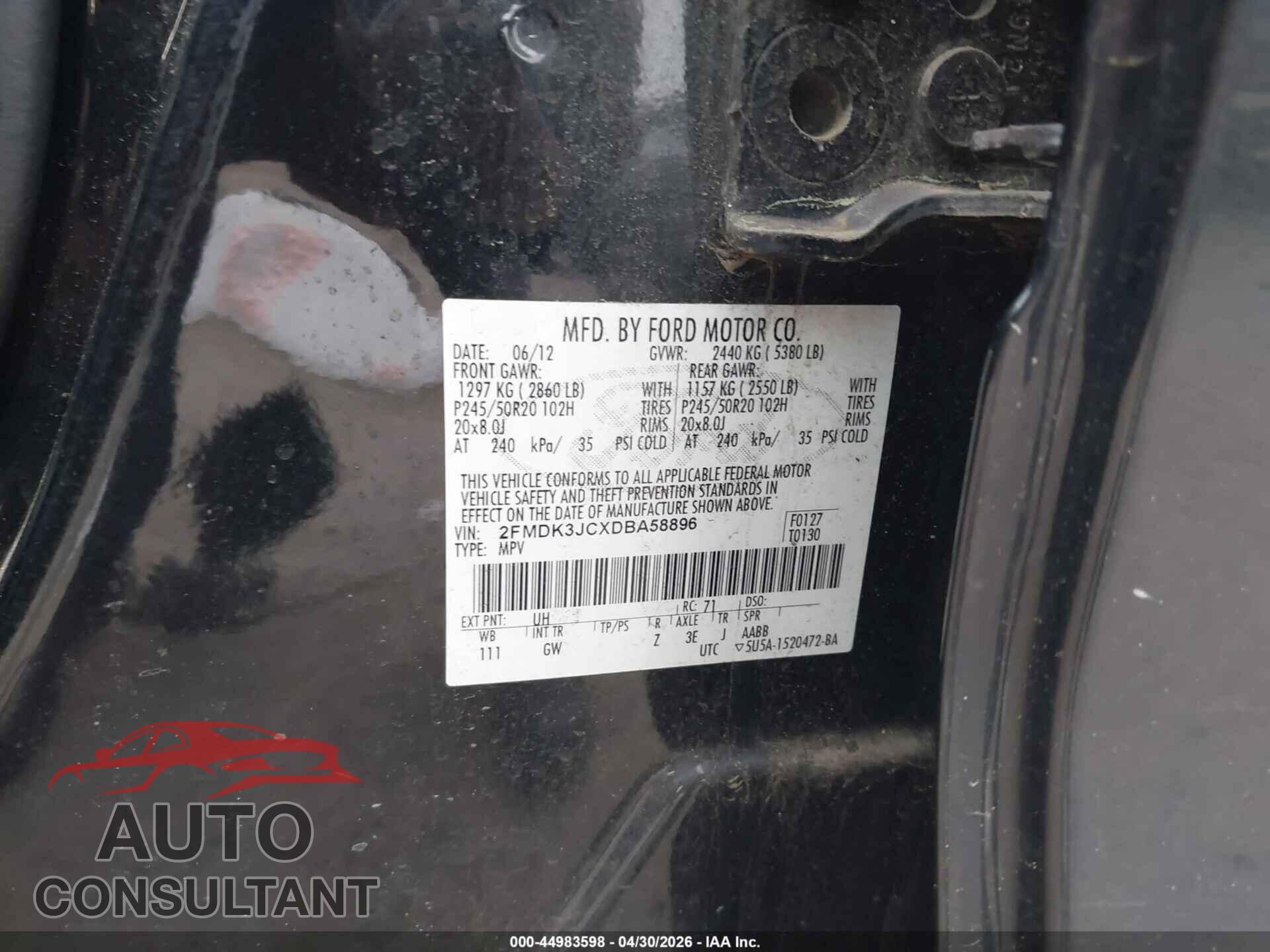 FORD EDGE 2013 - 2FMDK3JCXDBA58896