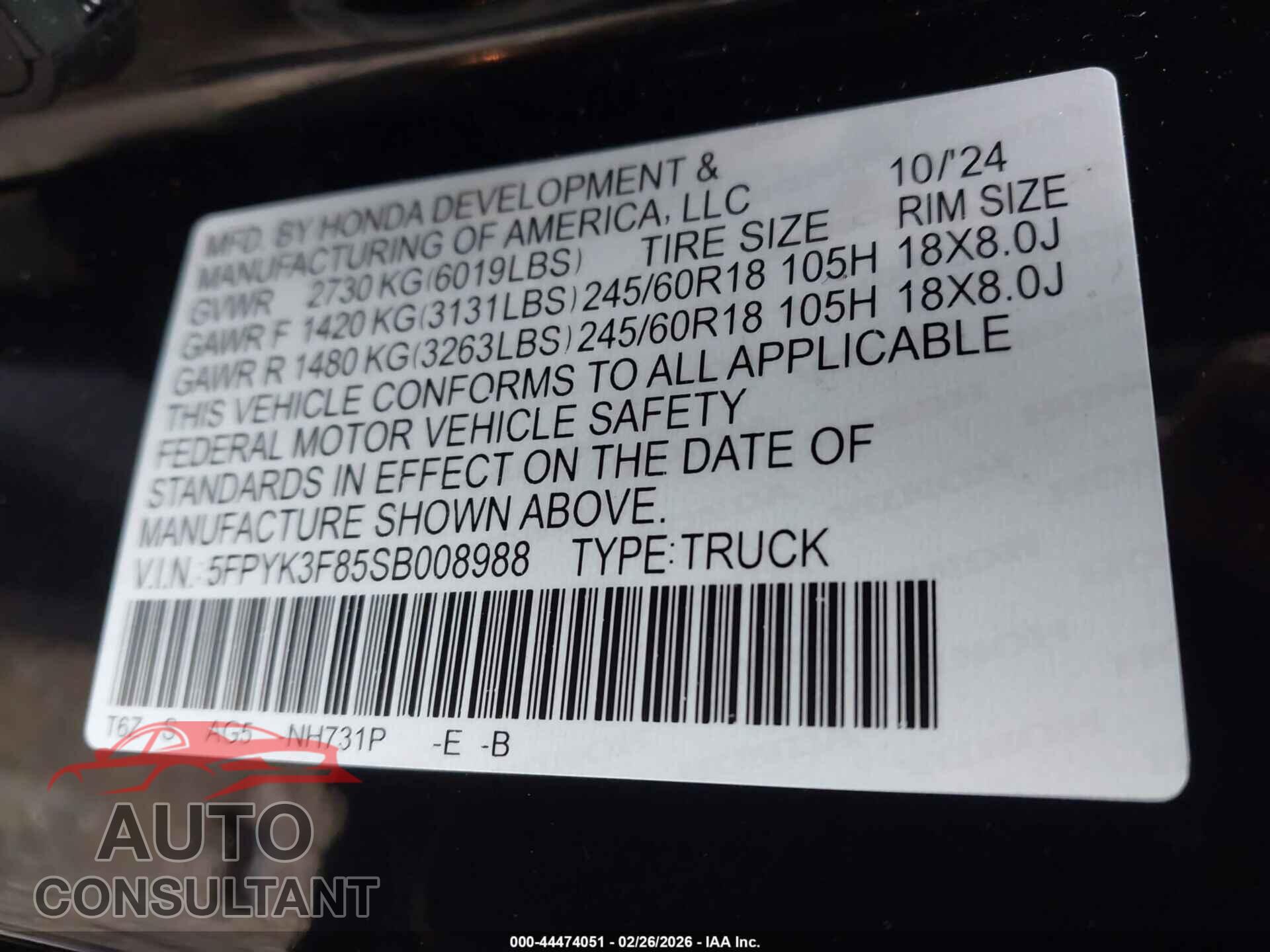 HONDA RIDGELINE 2025 - 5FPYK3F85SB008988