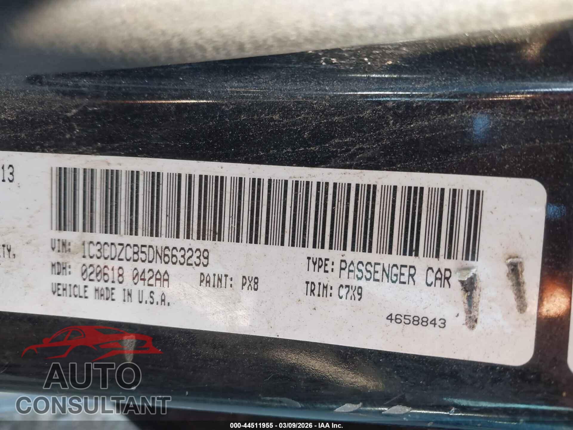 DODGE AVENGER 2013 - 1C3CDZCB5DN663239