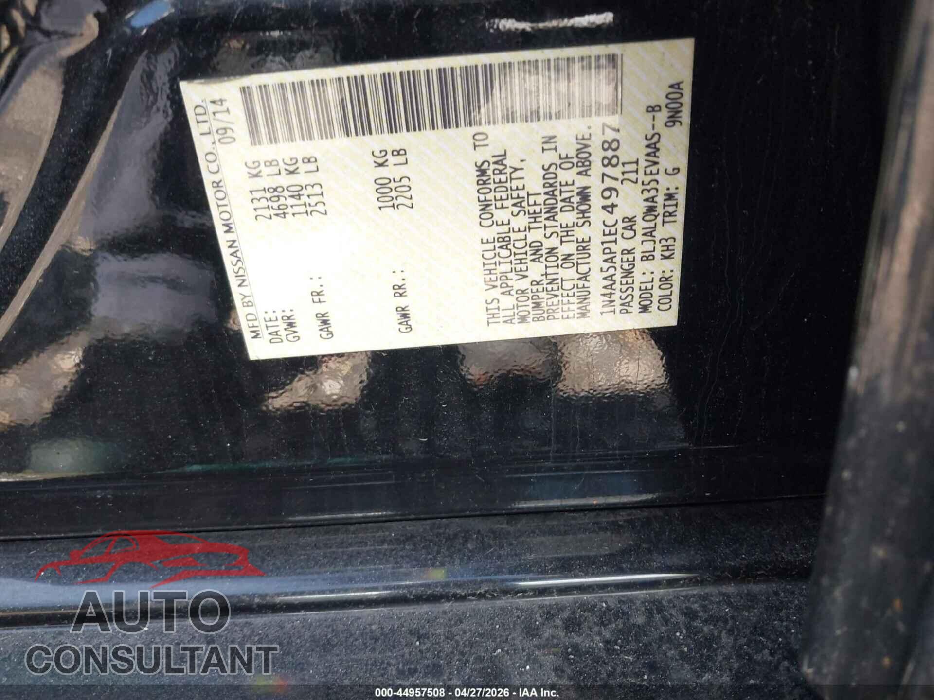 NISSAN MAXIMA 2014 - 1N4AA5AP1EC497887