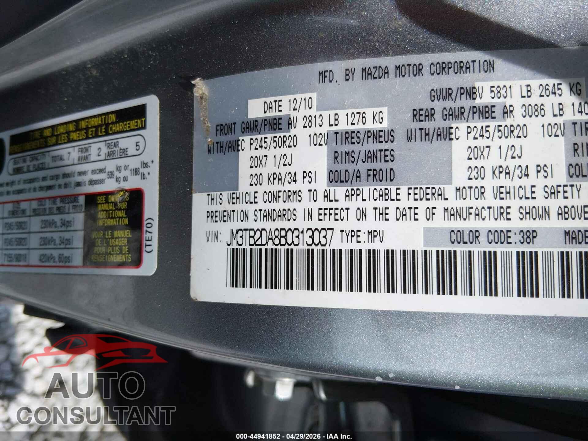 MAZDA CX-9 2011 - JM3TB2DA8B0313037