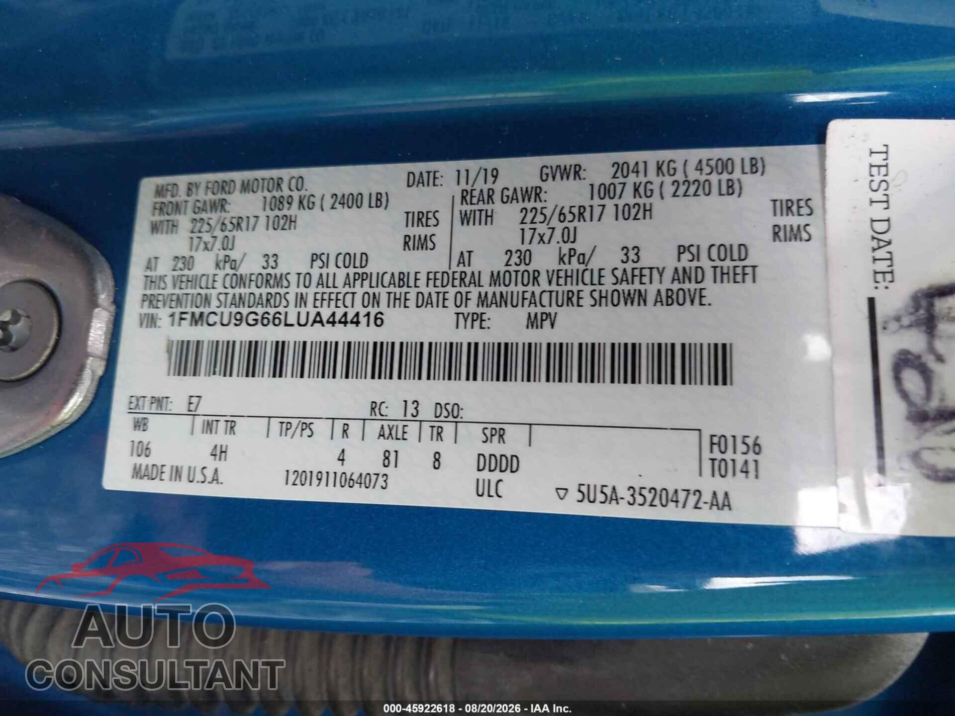 FORD ESCAPE 2020 - 1FMCU9G66LUA44416
