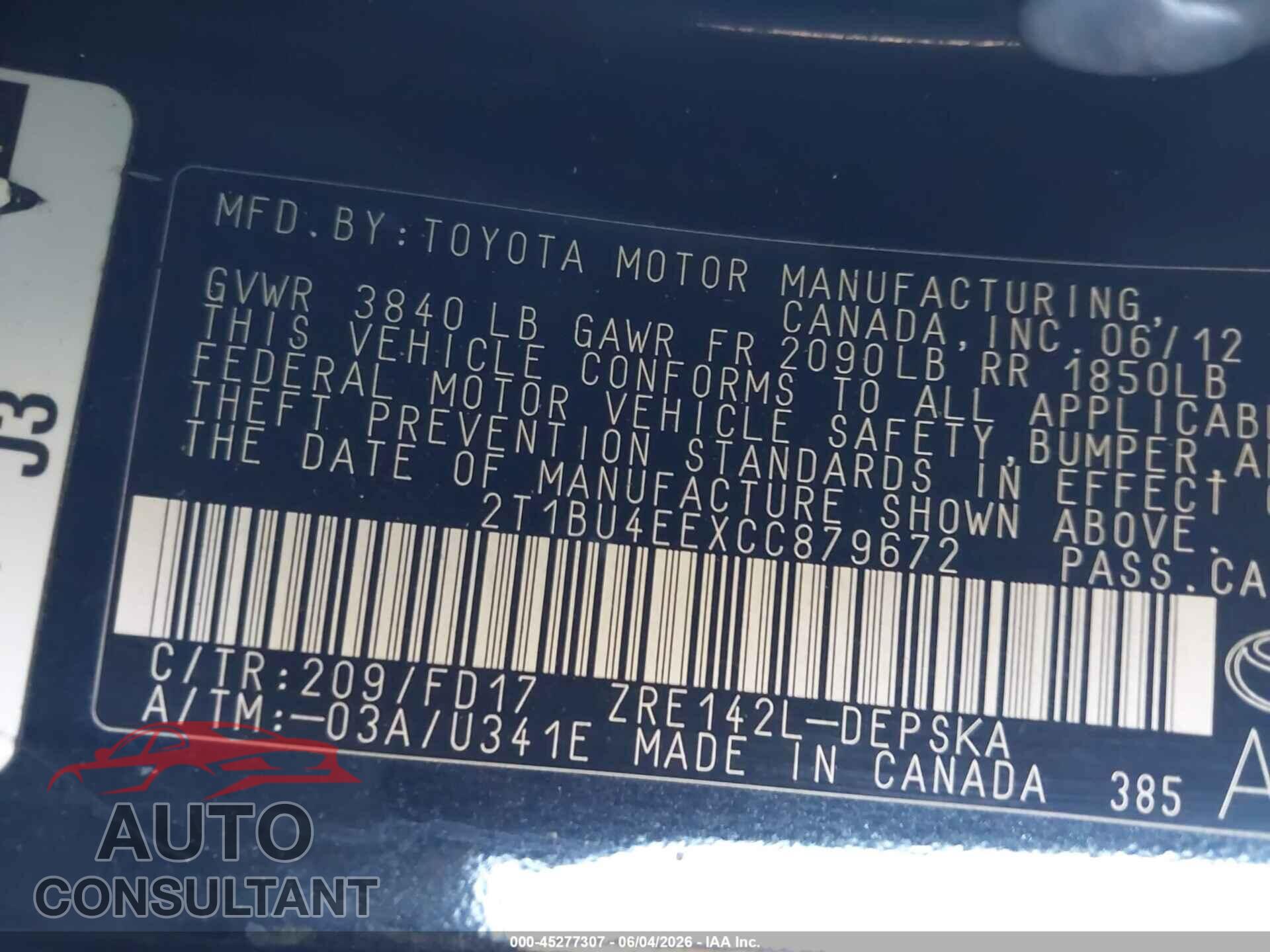 TOYOTA COROLLA 2012 - 2T1BU4EEXCC879672