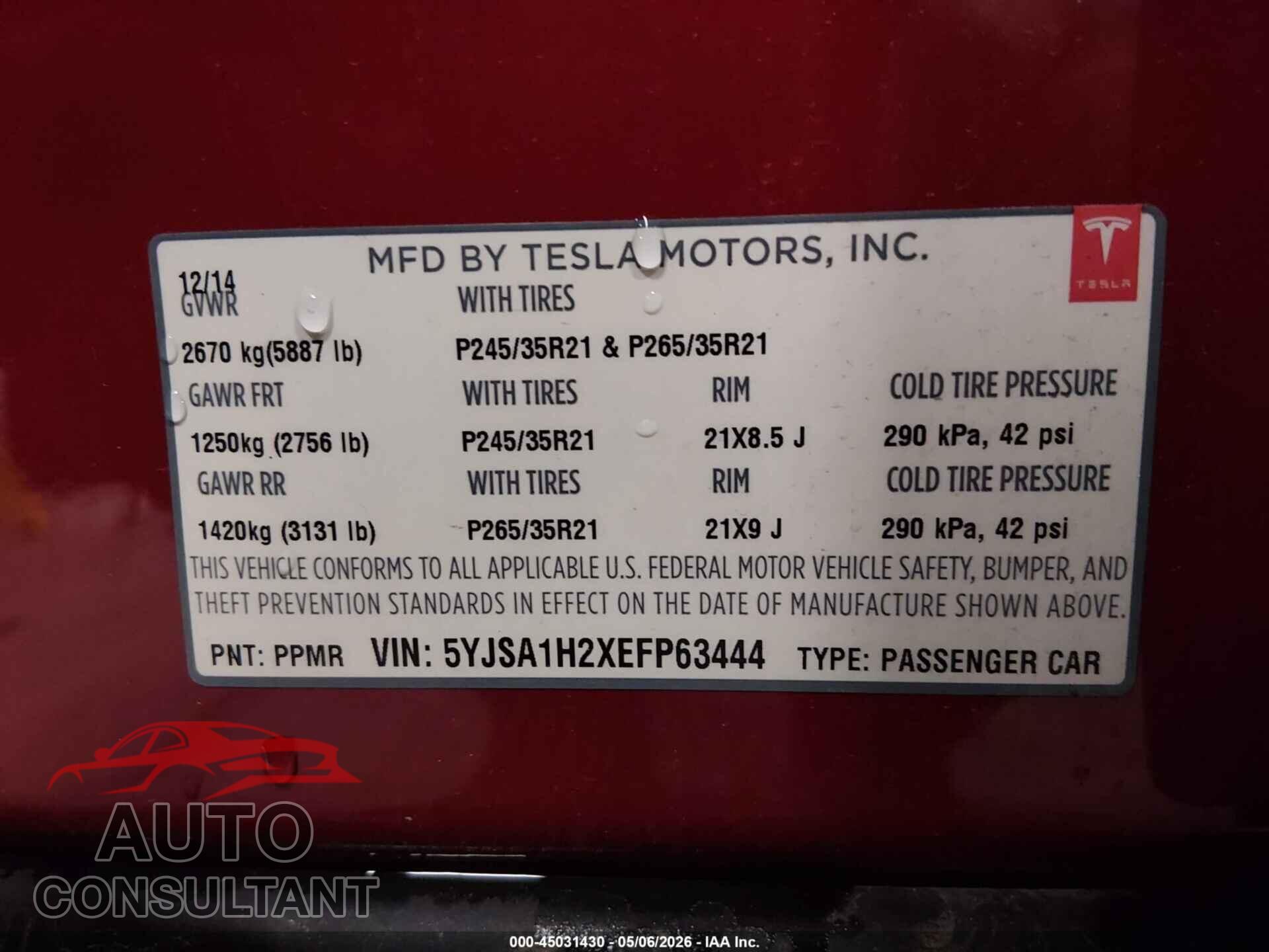 TESLA MODEL S 2014 - 5YJSA1H2XEFP63444
