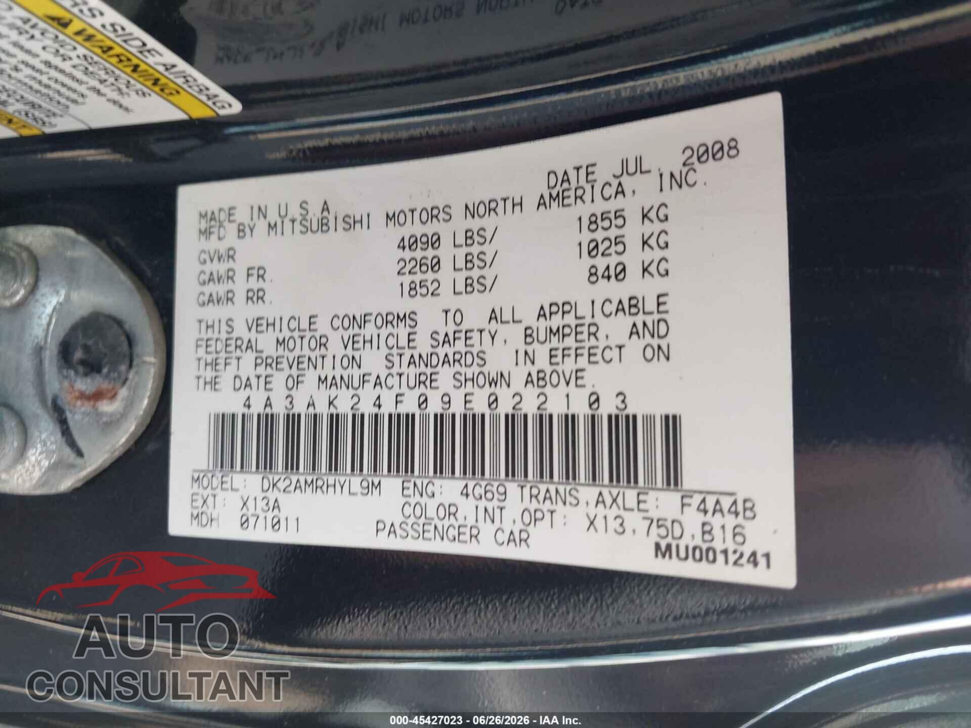 MITSUBISHI ECLIPSE 2009 - 4A3AK24F09E022103