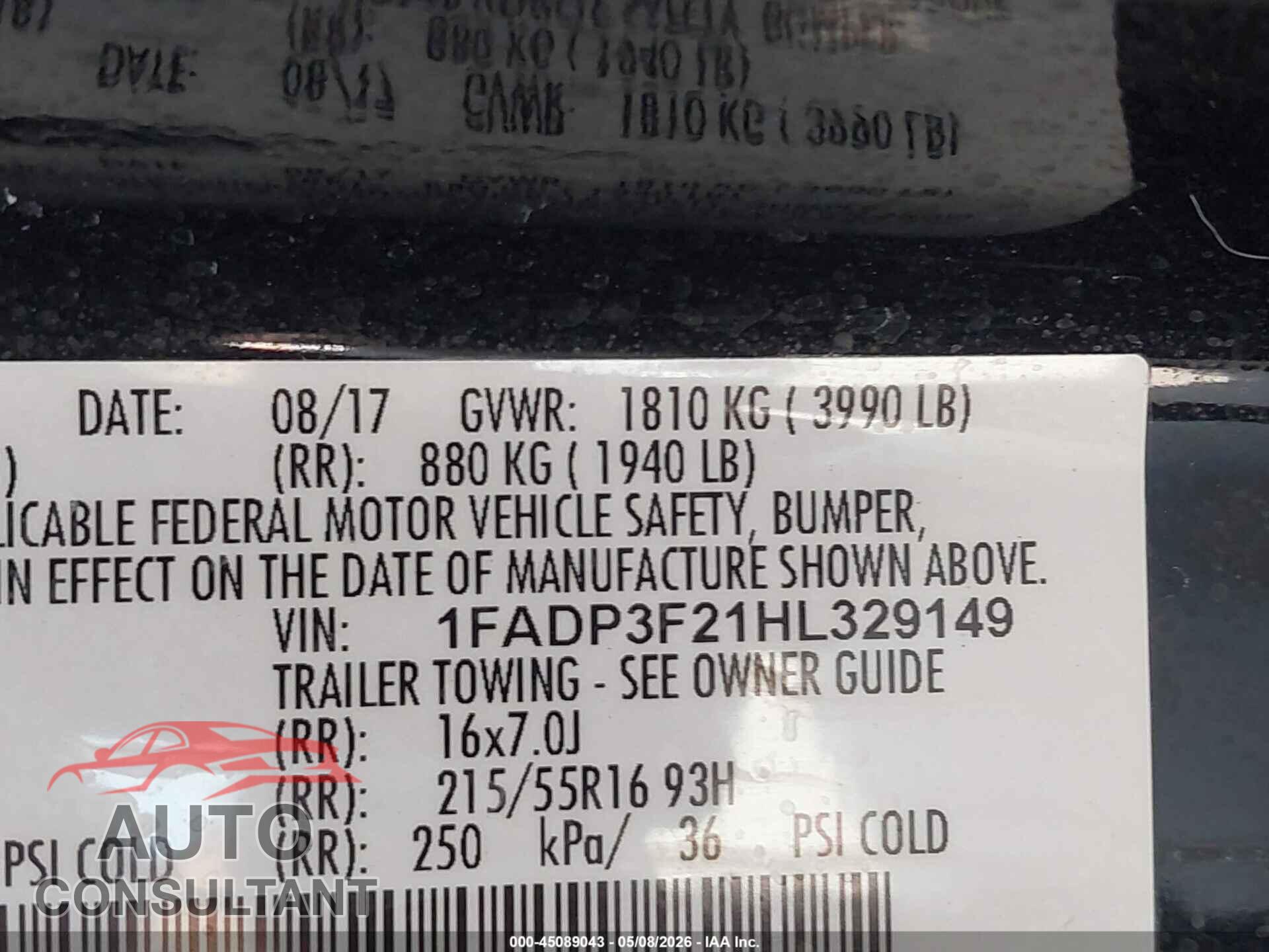 FORD FOCUS 2017 - 1FADP3F21HL329149