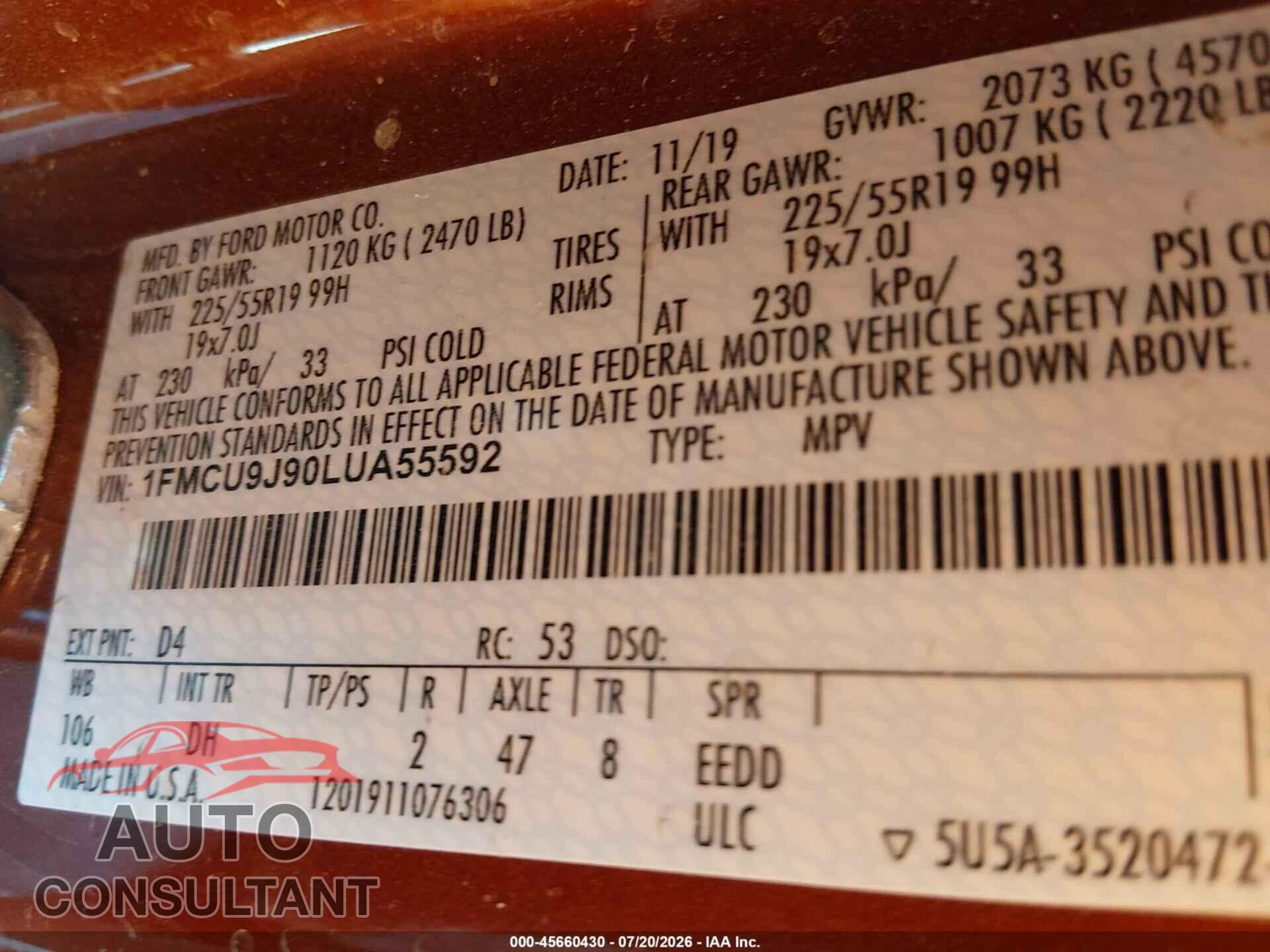 FORD ESCAPE 2020 - 1FMCU9J90LUA55592