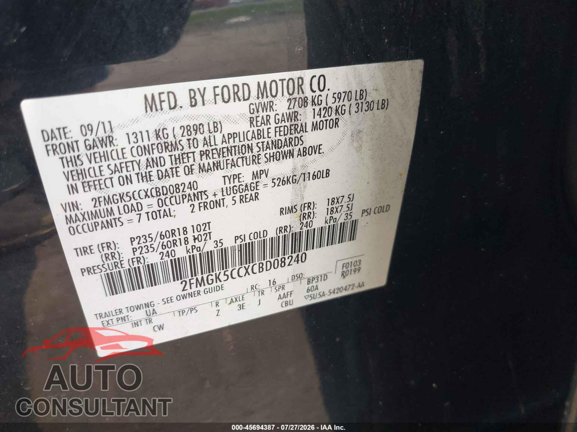 FORD FLEX 2012 - 2FMGK5CCXCBD08240