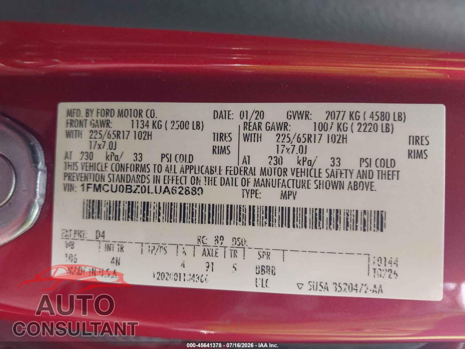 FORD ESCAPE 2020 - 1FMCU0BZ0LUA62889