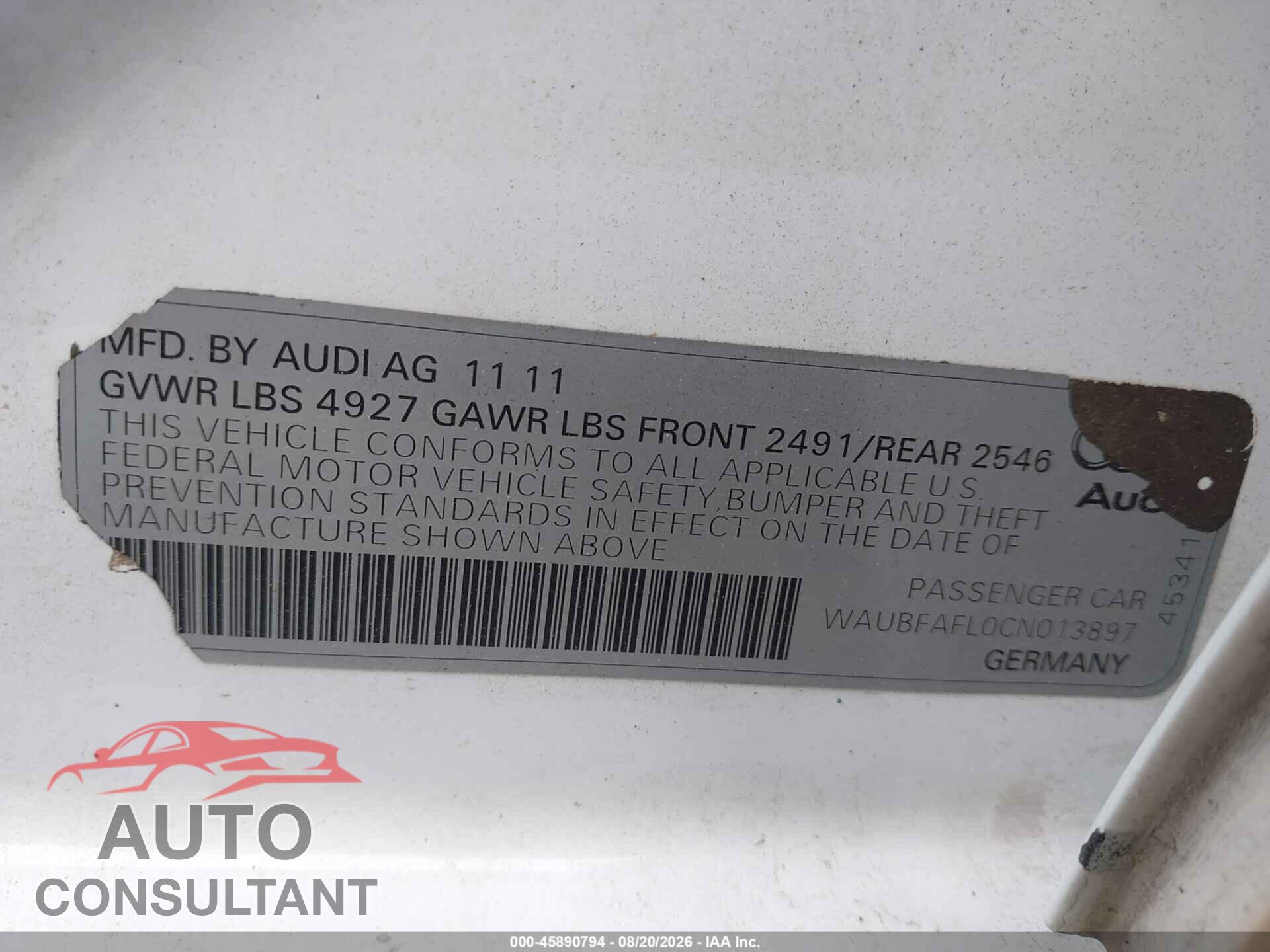 AUDI A4 2012 - WAUBFAFL0CN013897