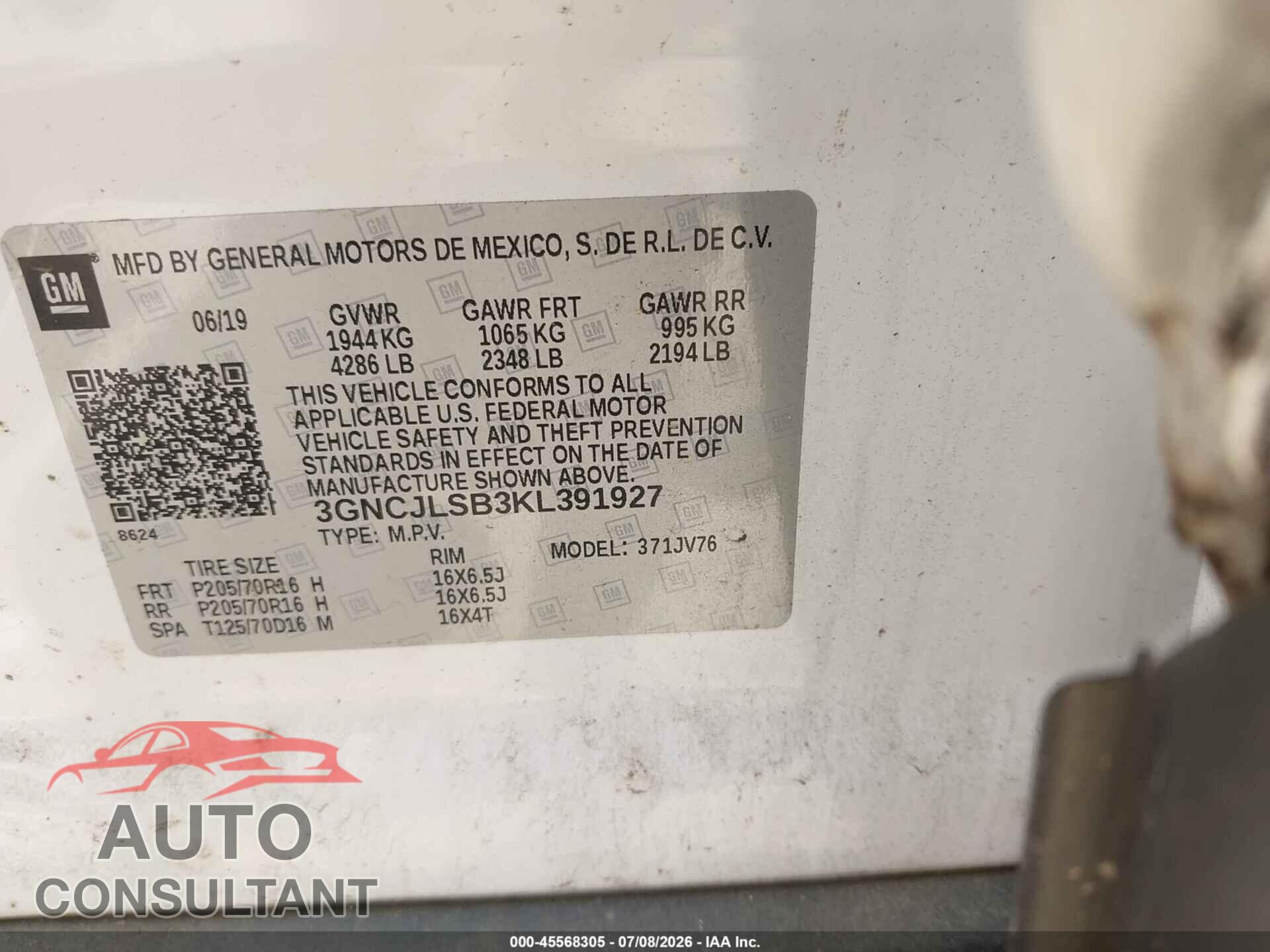 CHEVROLET TRAX 2019 - 3GNCJLSB3KL391927