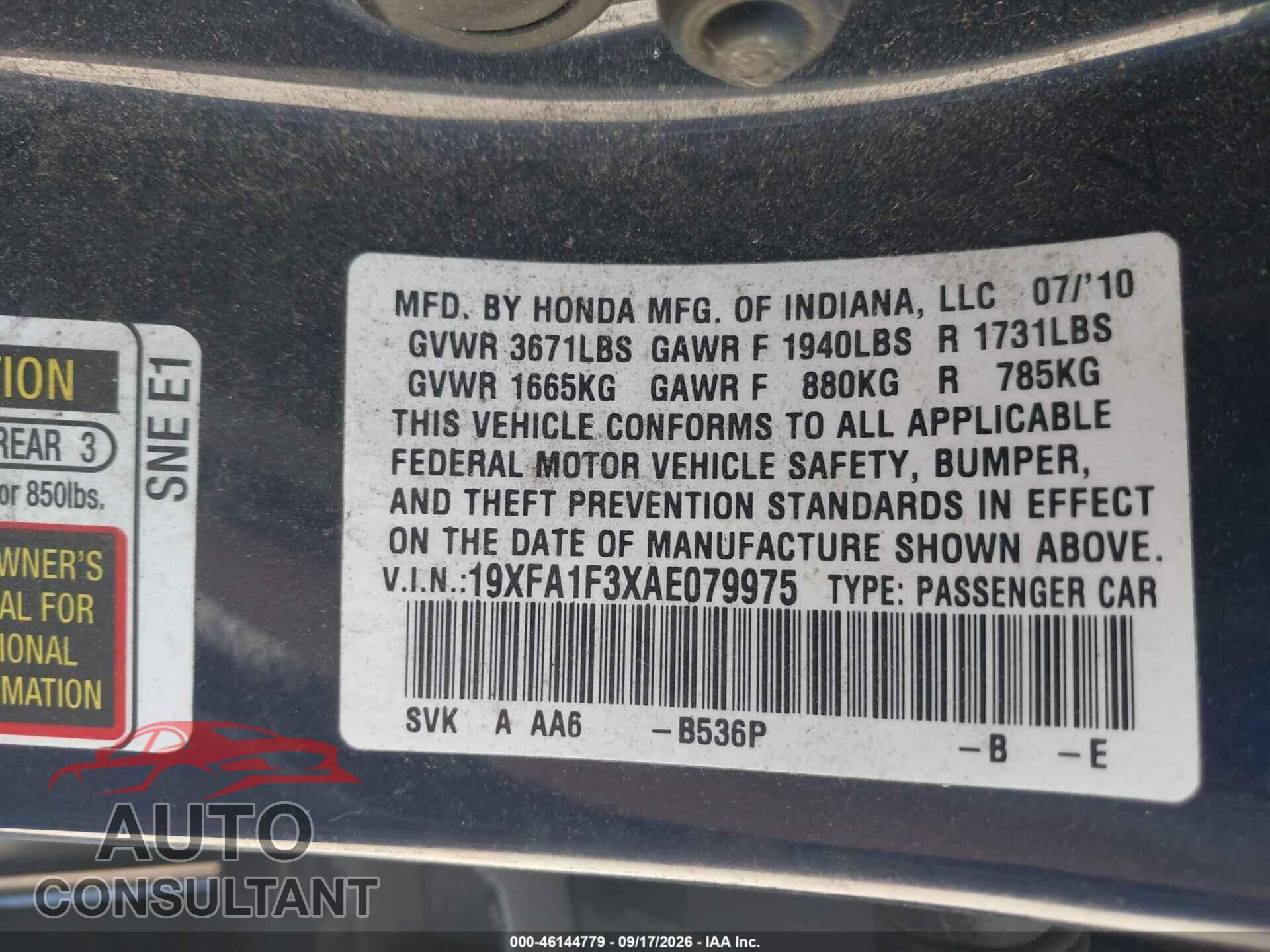 HONDA CIVIC 2010 - 19XFA1F3XAE079975
