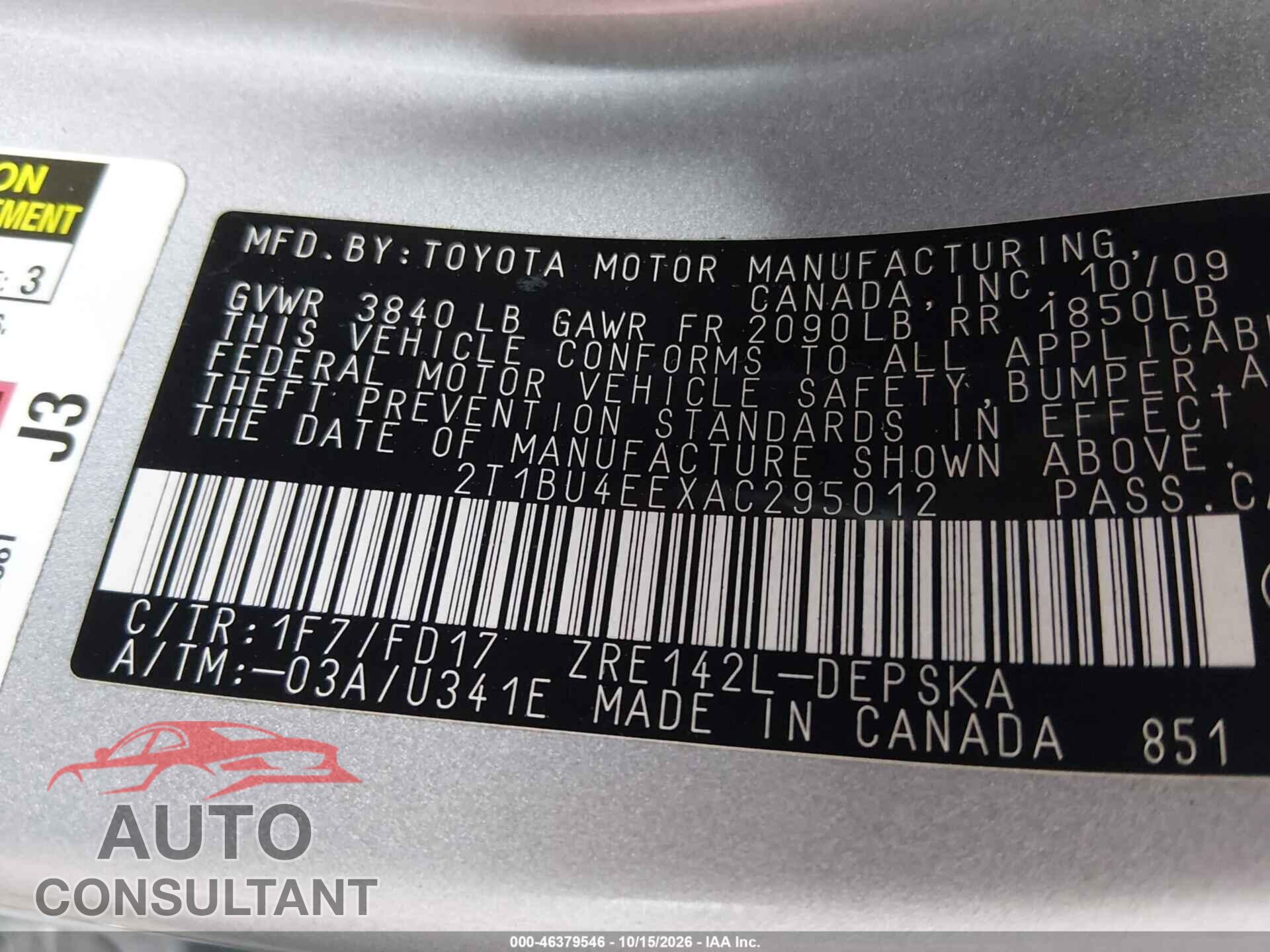 TOYOTA COROLLA 2010 - 2T1BU4EEXAC295012
