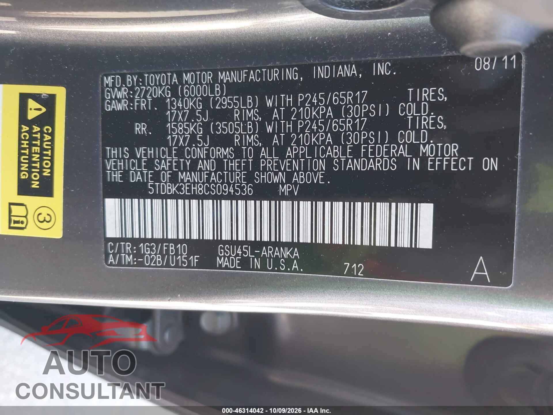 TOYOTA HIGHLANDER 2012 - 5TDBK3EH8CS094536