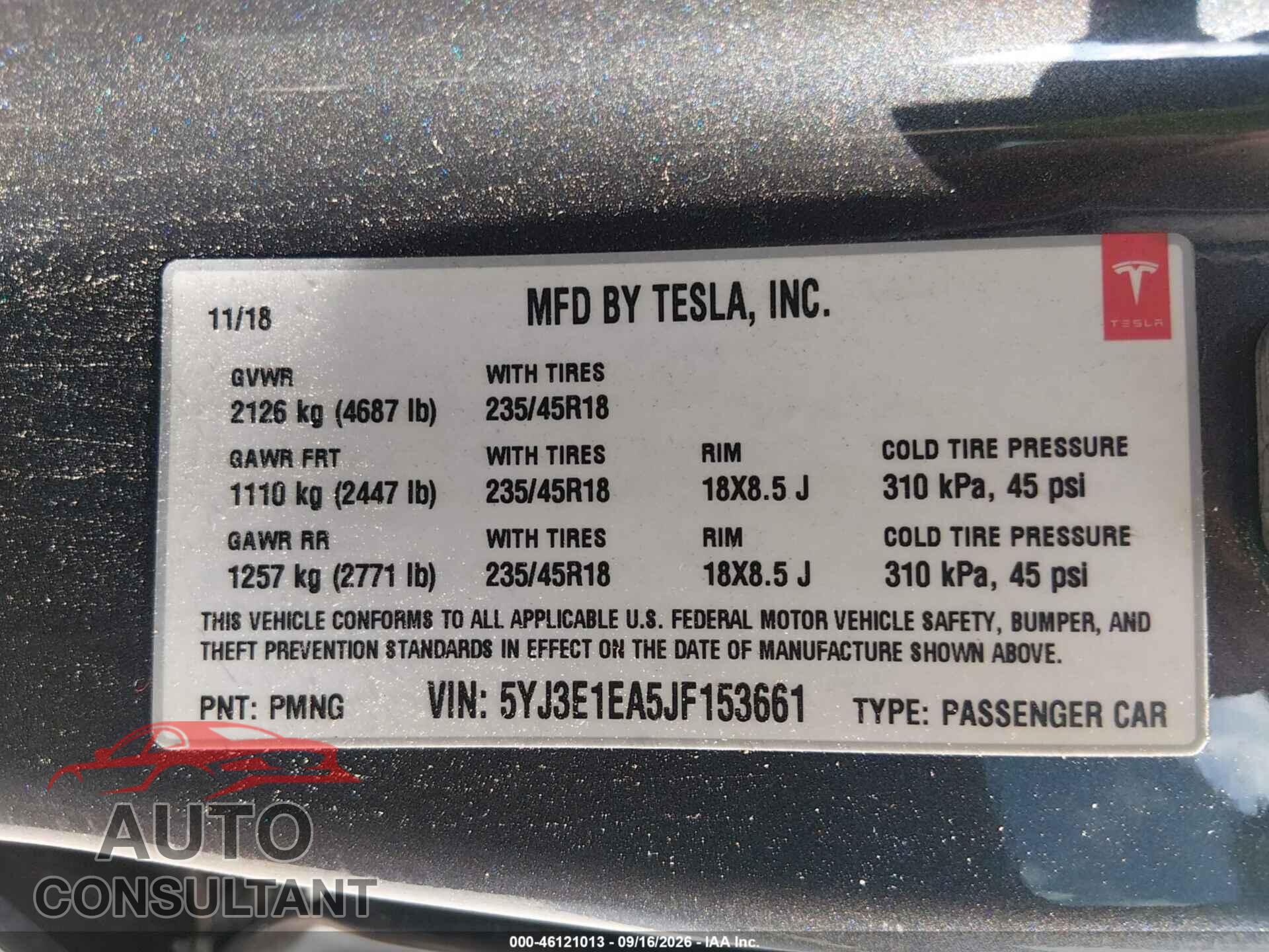 TESLA MODEL 3 2018 - 5YJ3E1EA5JF153661