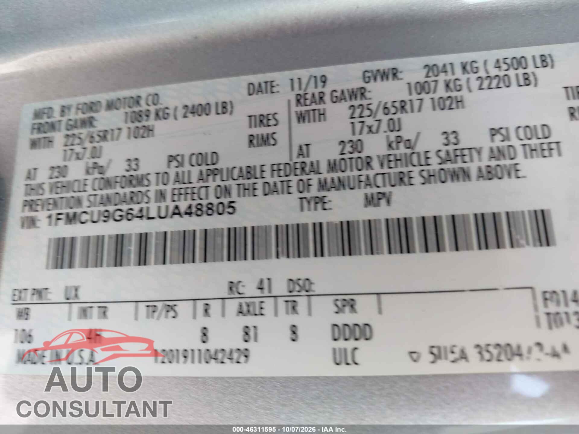FORD ESCAPE 2020 - 1FMCU9G64LUA48805