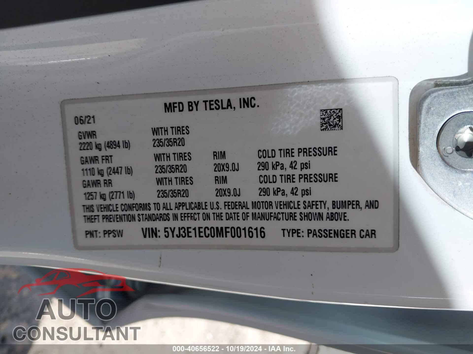 TESLA MODEL 3 2021 - 5YJ3E1EC0MF001616