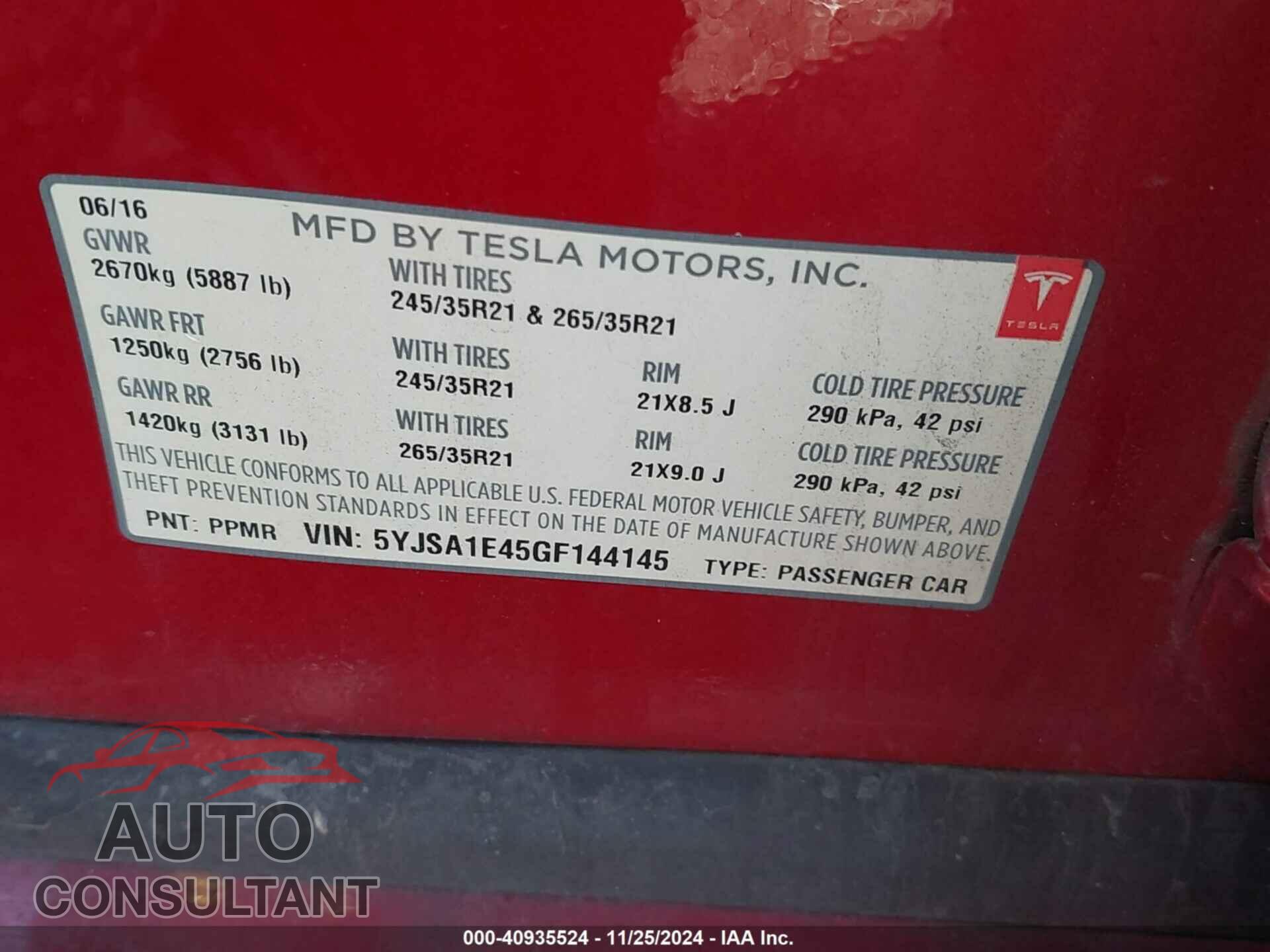 TESLA MODEL S 2016 - 5YJSA1E45GF144145