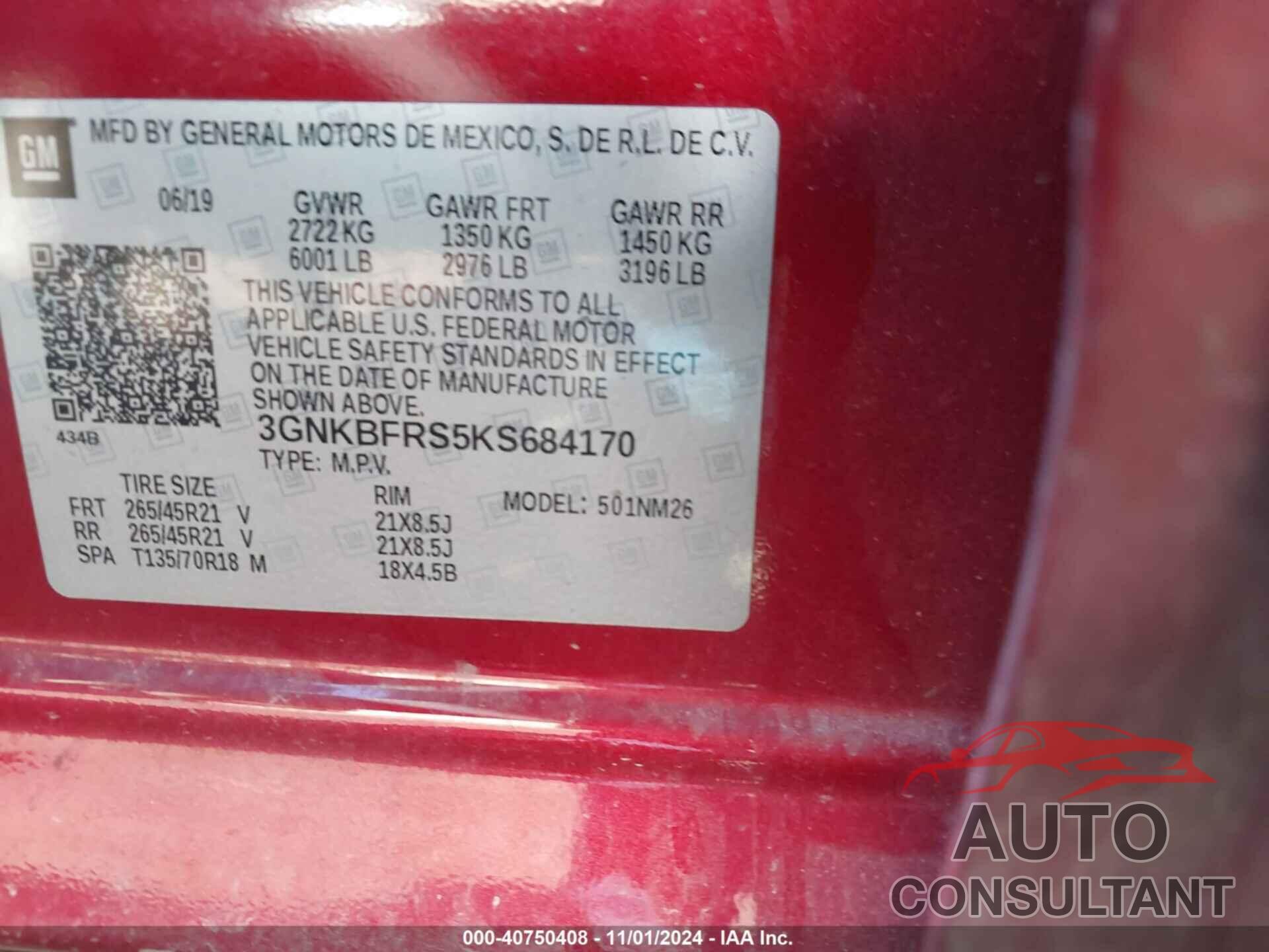 CHEVROLET BLAZER 2019 - 3GNKBFRS5KS684170