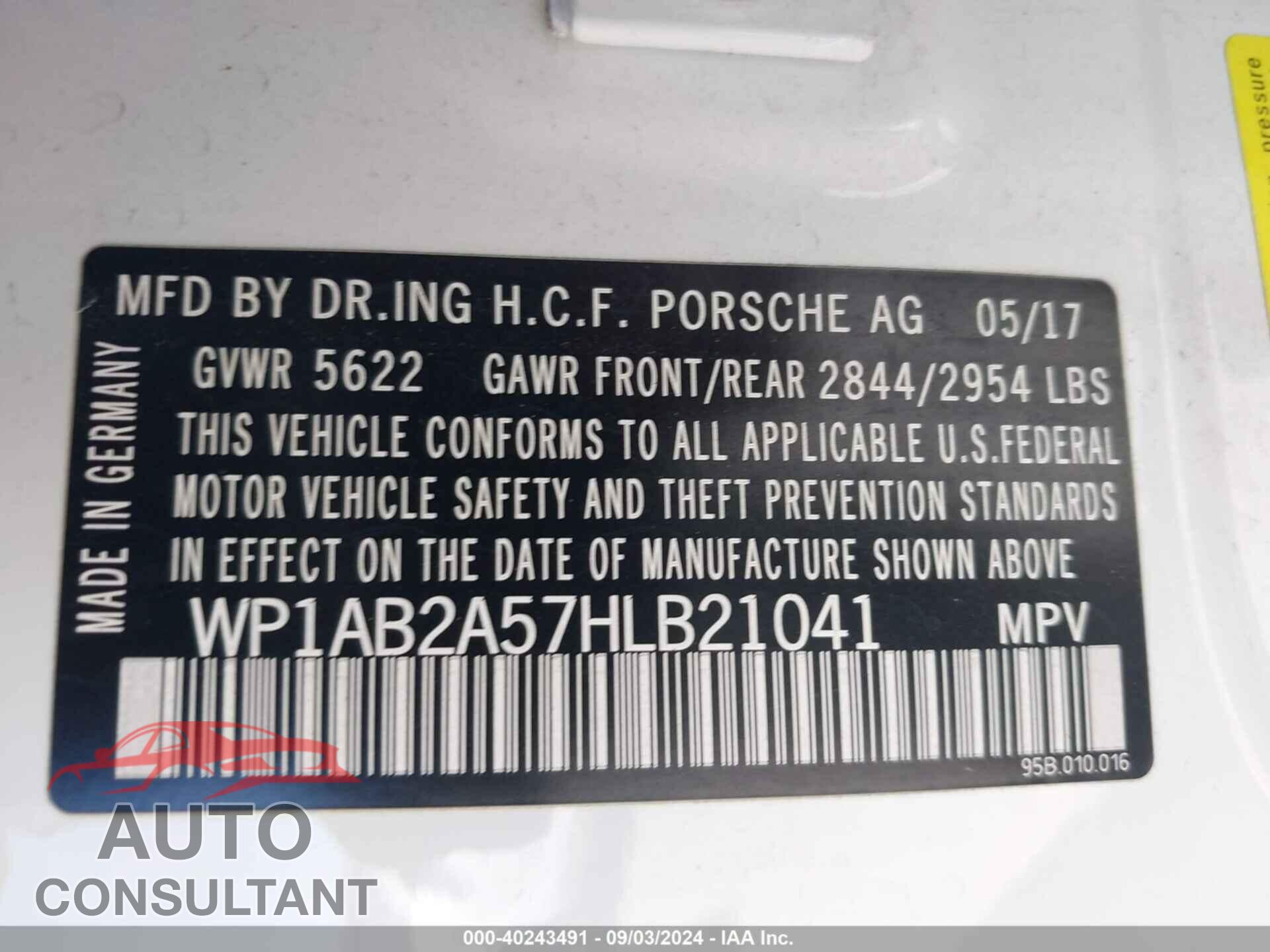 PORSCHE MACAN 2017 - WP1AB2A57HLB21041