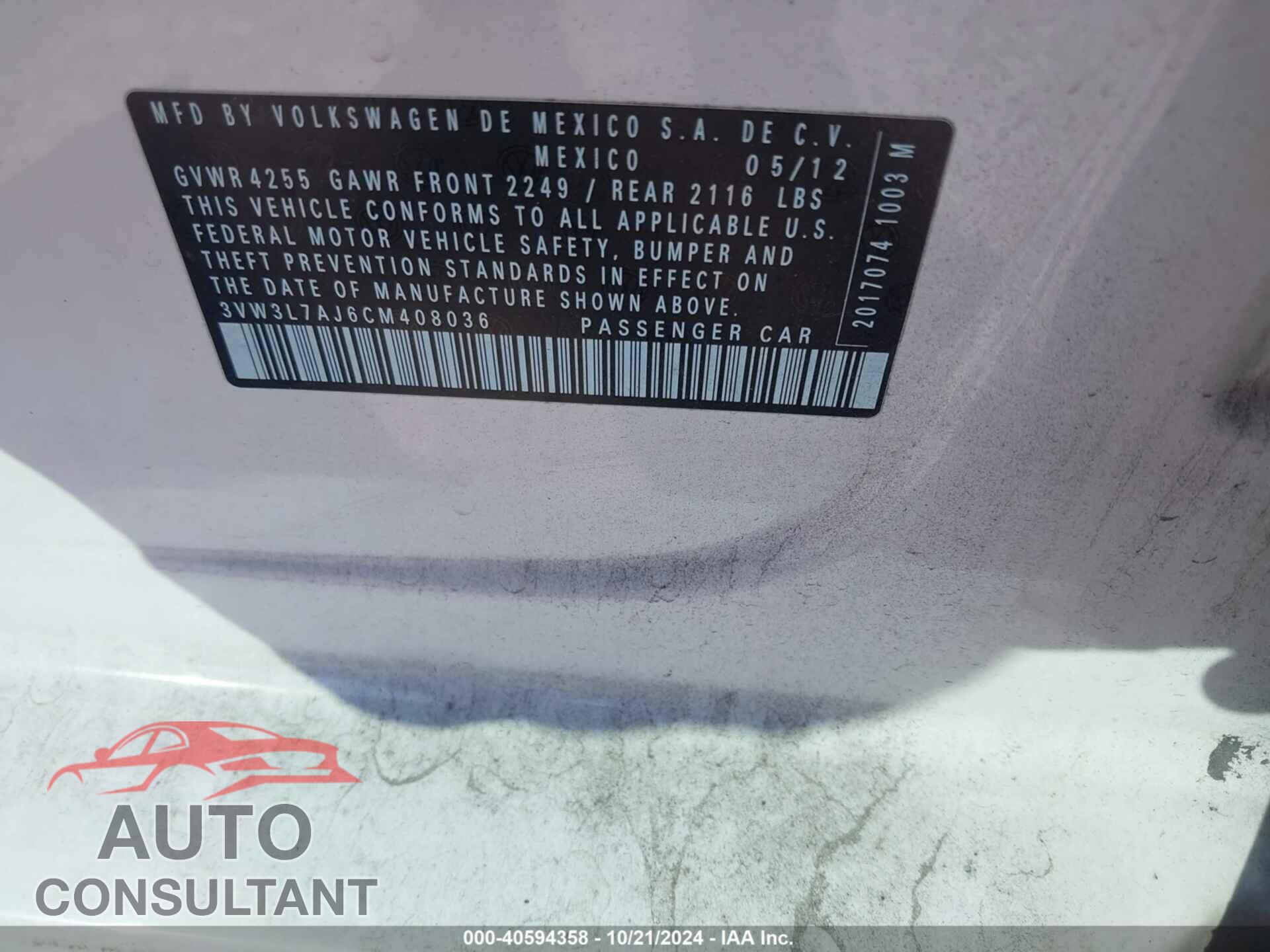 VOLKSWAGEN JETTA 2012 - 3VW3L7AJ6CM408036