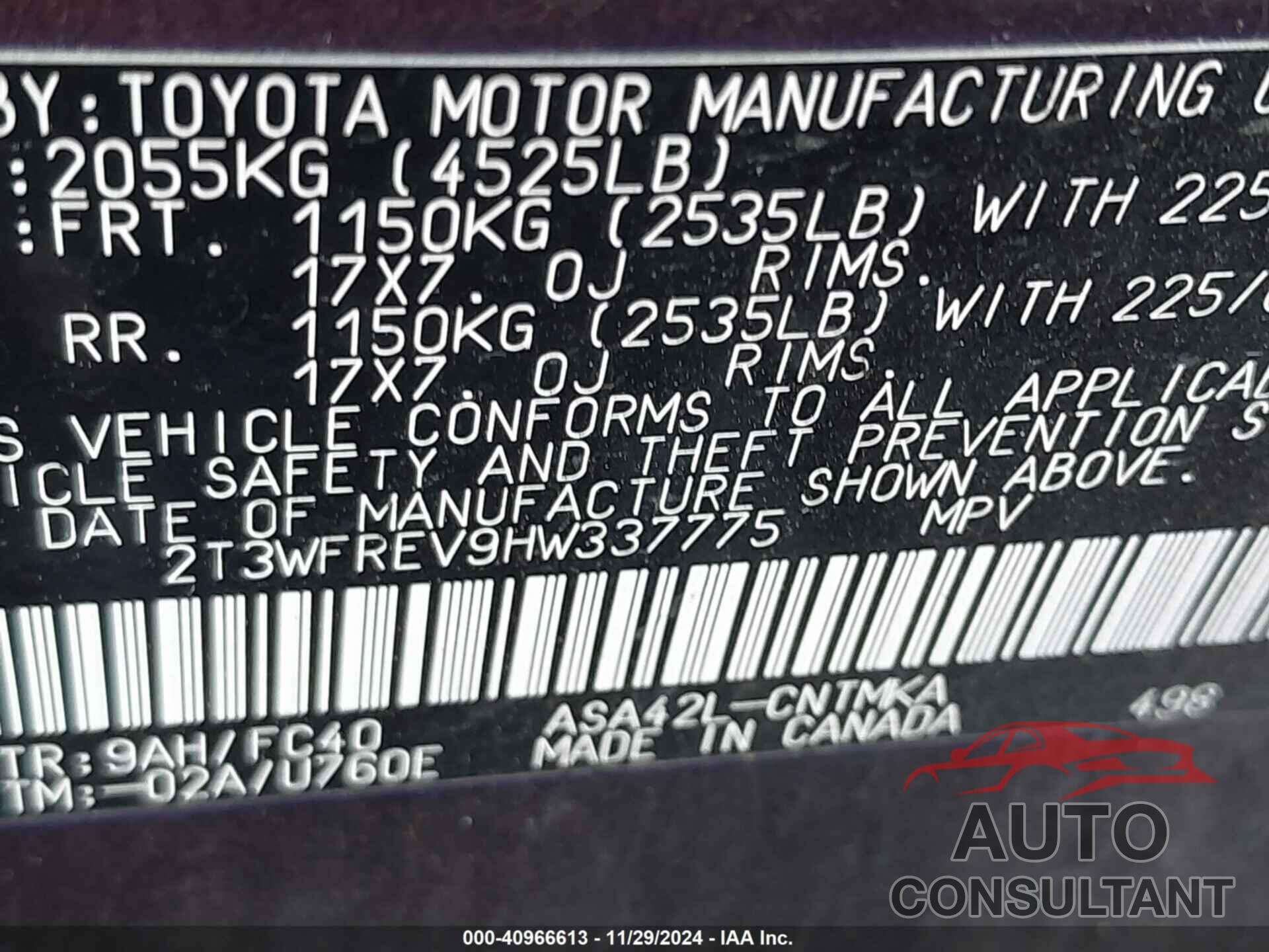 TOYOTA RAV4 2017 - 2T3WFREV9HW337775