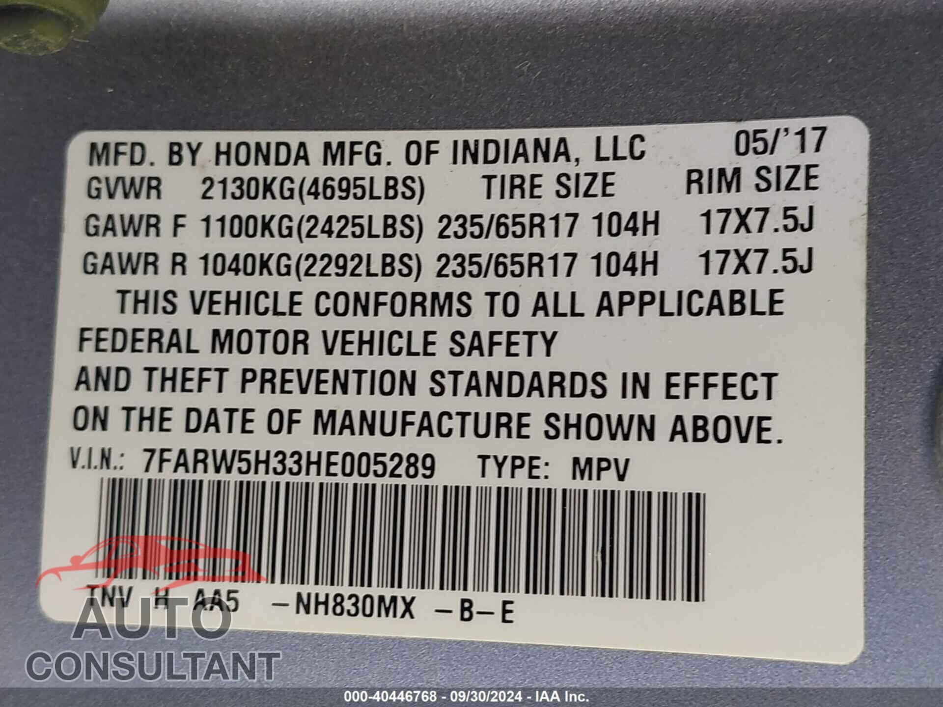 HONDA CR-V 2017 - 7FARW5H33HE005289