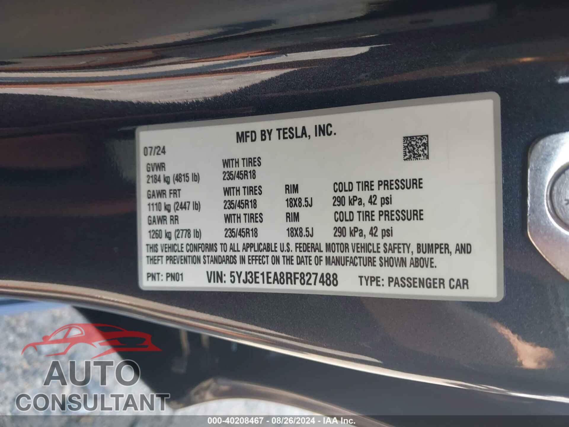 TESLA MODEL 3 2024 - 5YJ3E1EA8RF827488