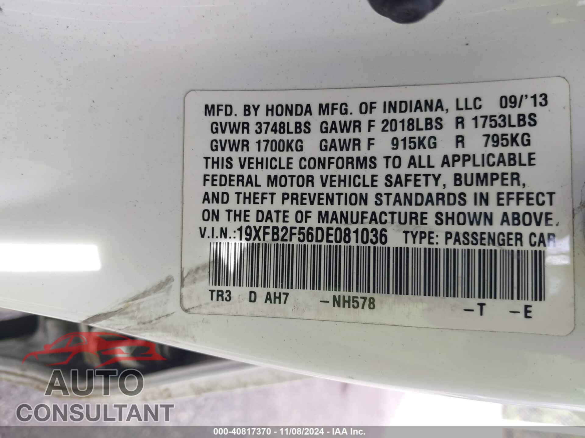 HONDA CIVIC 2013 - 19XFB2F56DE081036
