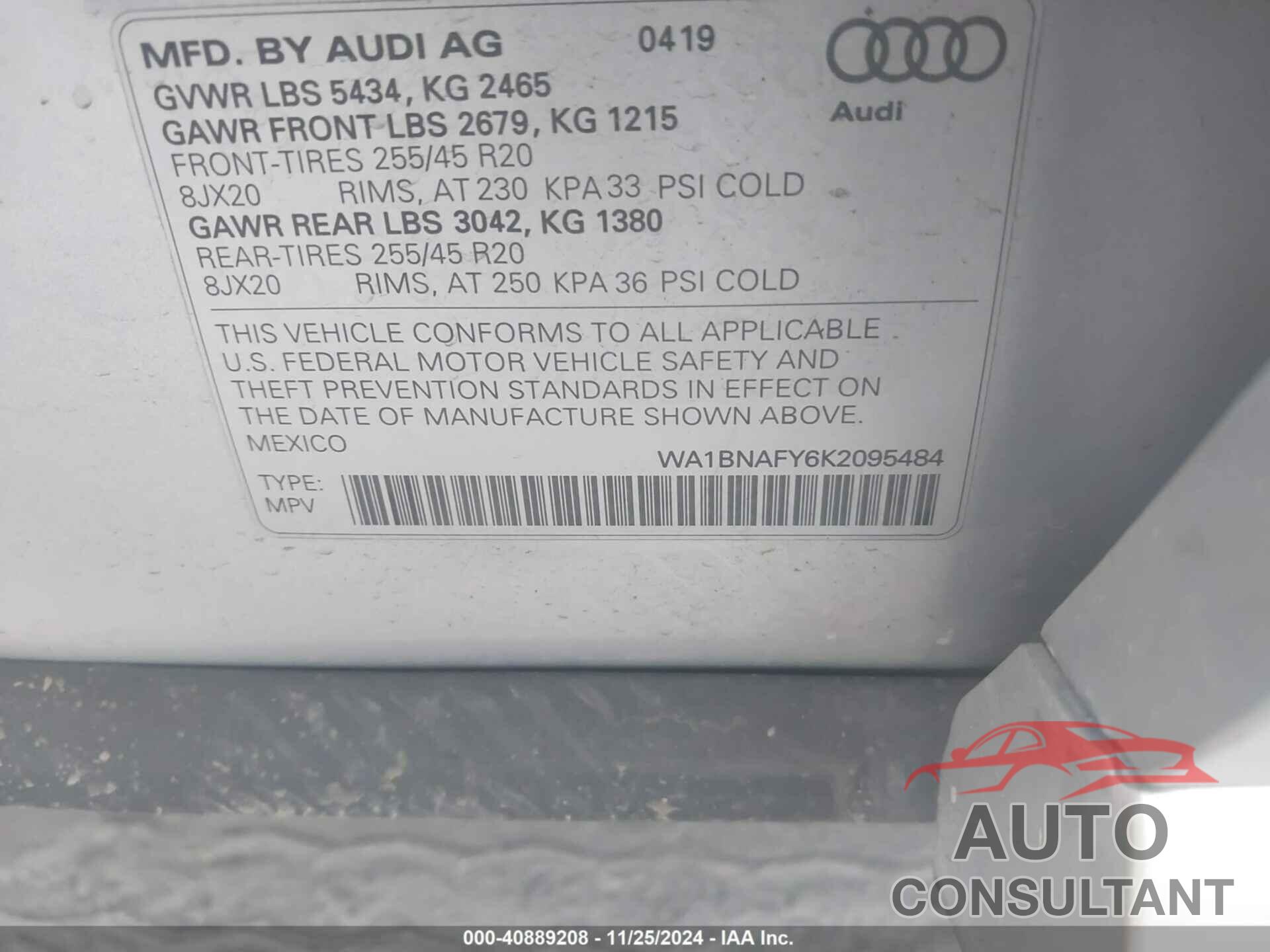 AUDI Q5 2019 - WA1BNAFY6K2095484