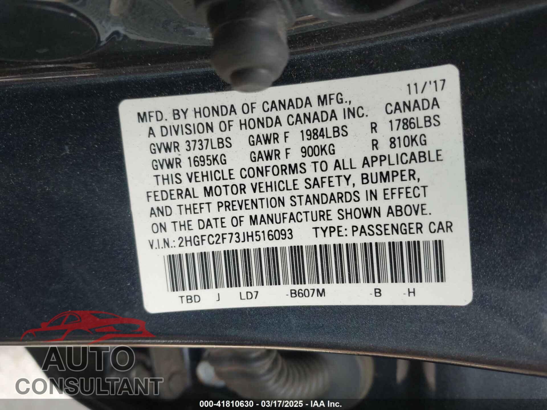 HONDA CIVIC 2018 - 2HGFC2F73JH516093