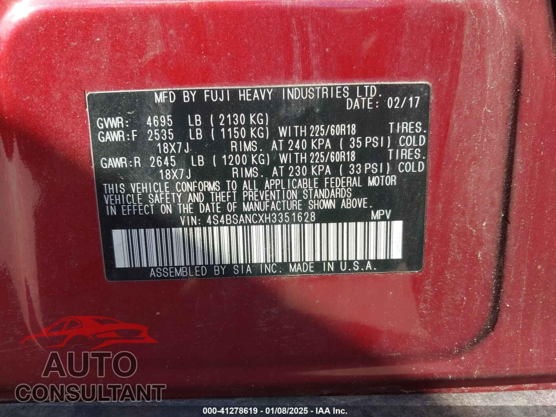 SUBARU OUTBACK 2017 - 4S4BSANCXH3351628
