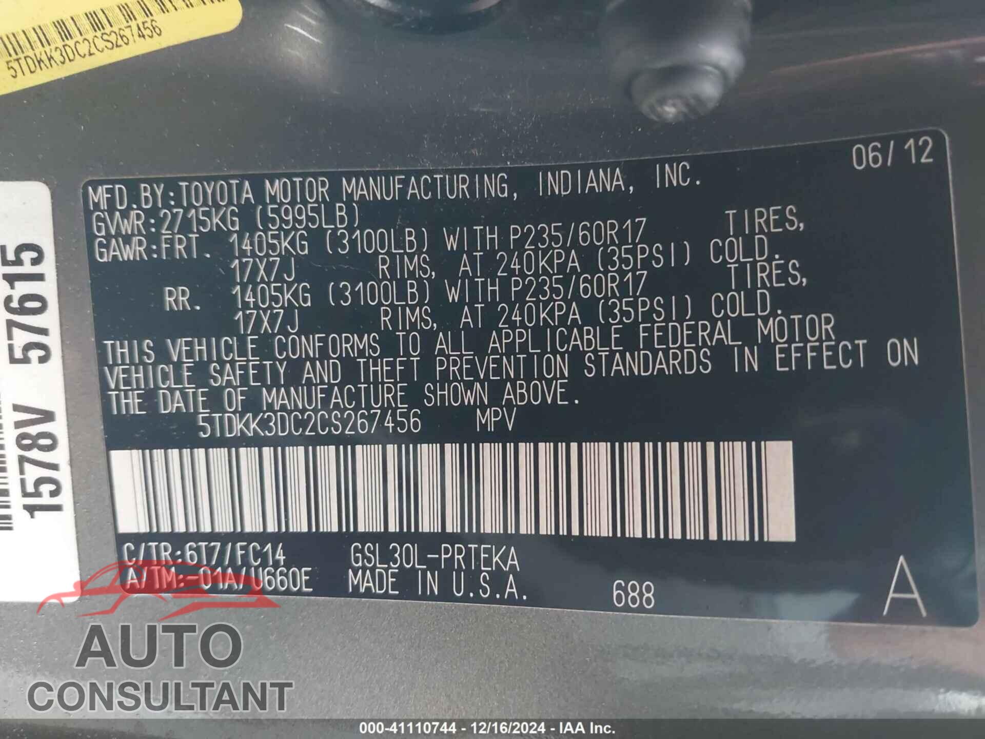 TOYOTA SIENNA 2012 - 5TDKK3DC2CS267456