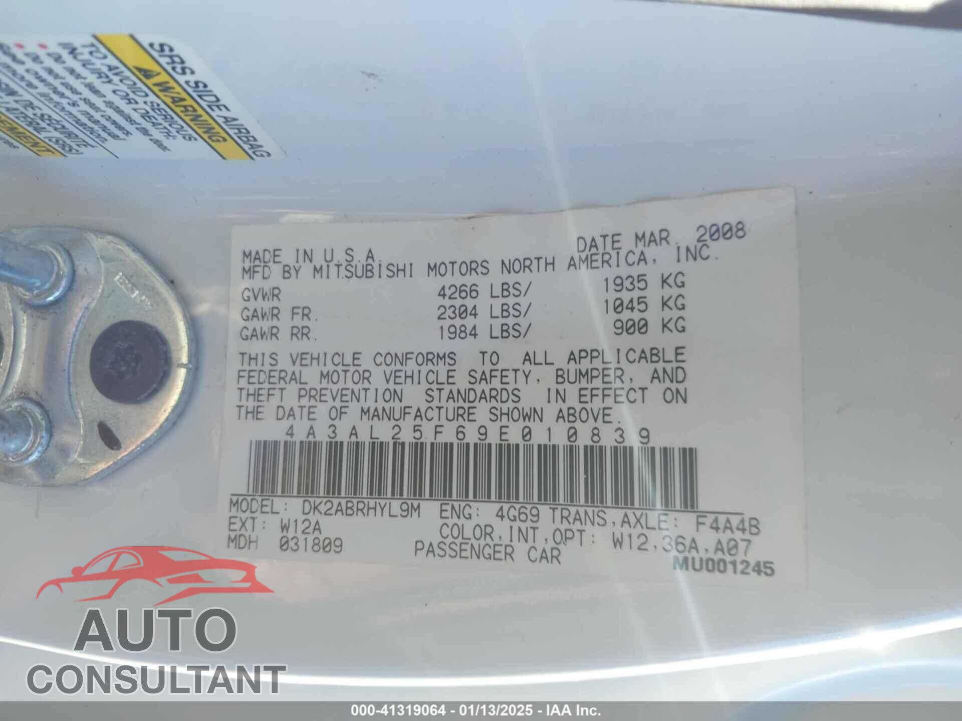 MITSUBISHI ECLIPSE SPYDER 2009 - 4A3AL25F69E010839