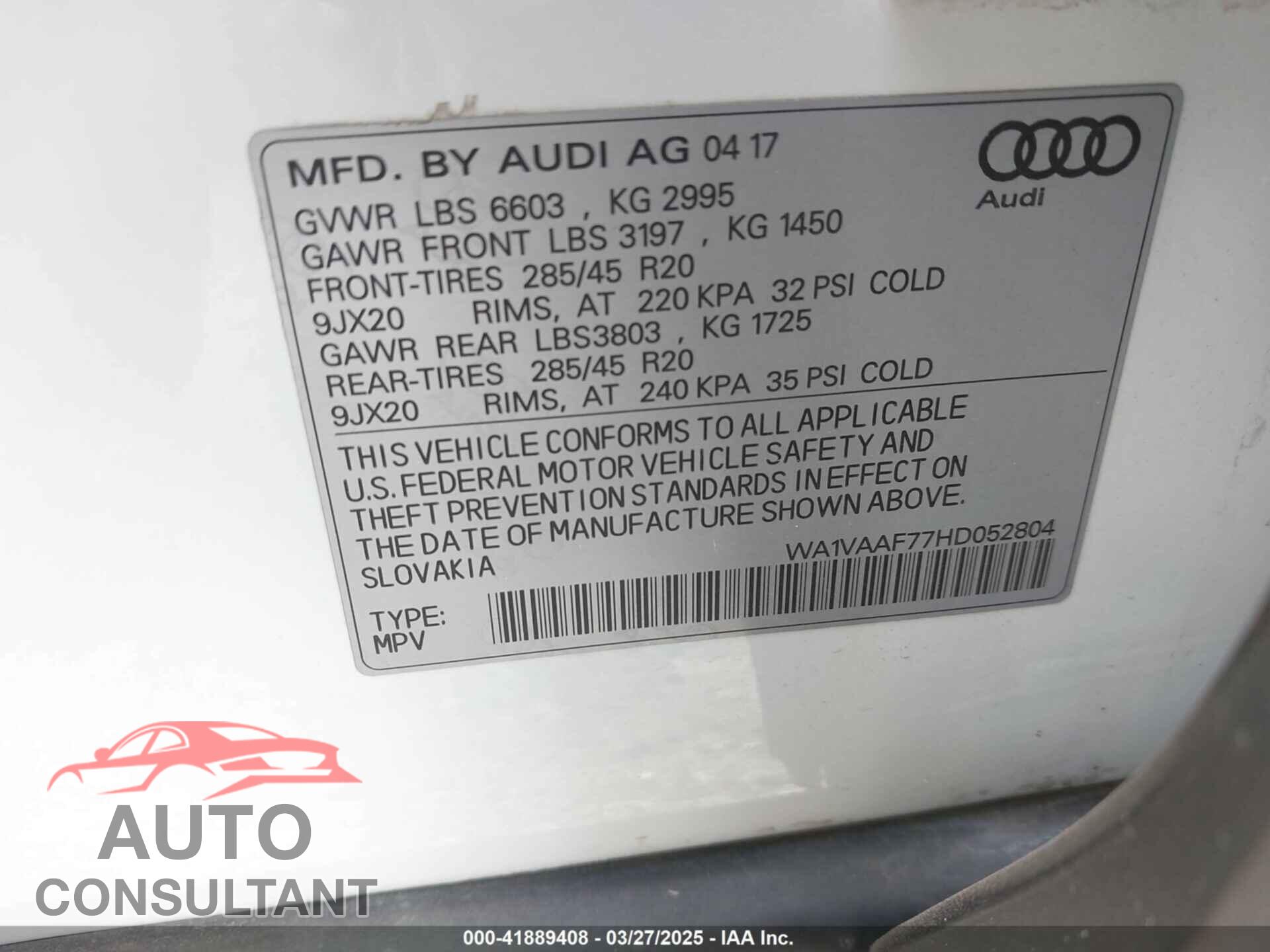 AUDI Q7 2017 - WA1VAAF77HD052804