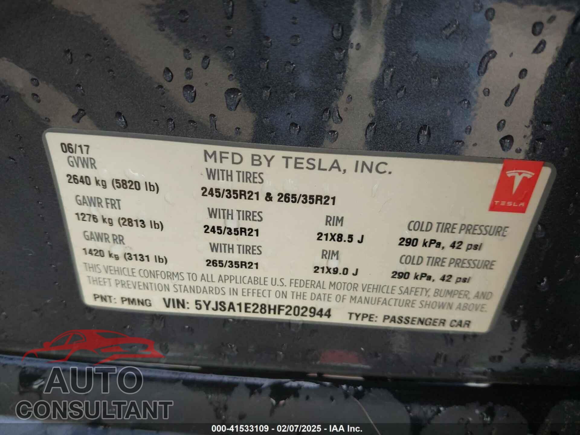 TESLA MODEL S 2017 - 5YJSA1E28HF202944