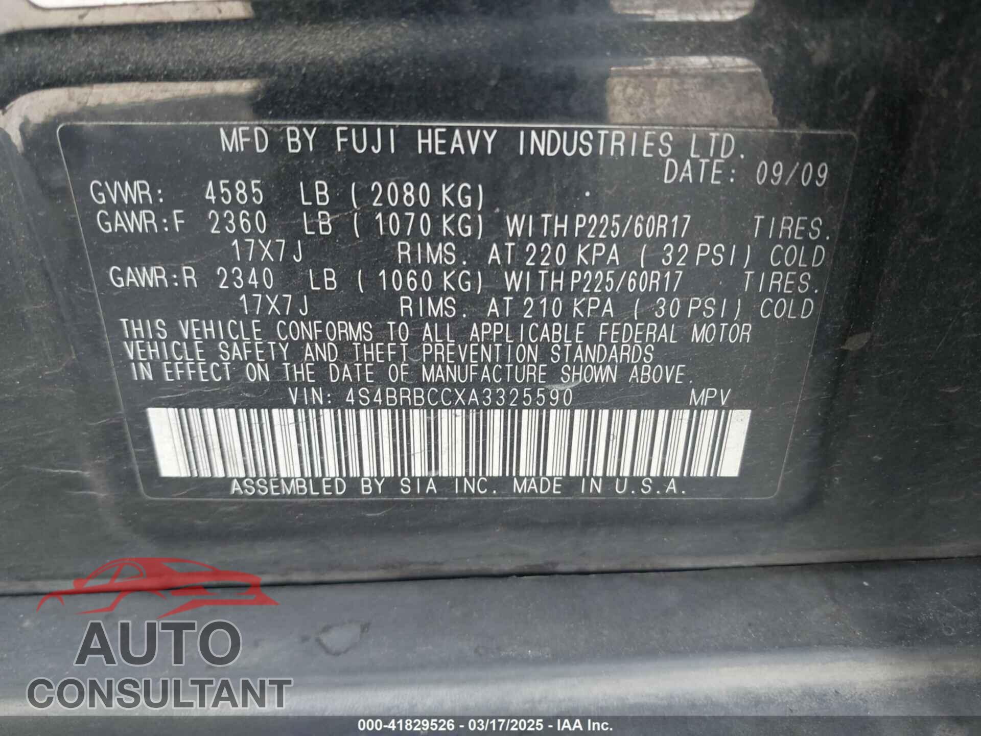 SUBARU OUTBACK 2010 - 4S4BRBCCXA3325590