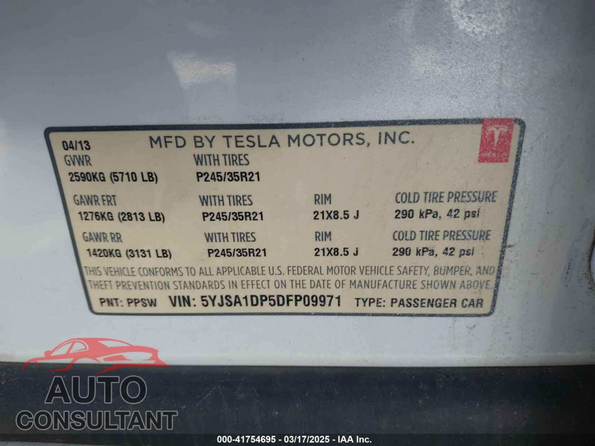 TESLA MODEL S 2013 - 5YJSA1DP5DFP09971
