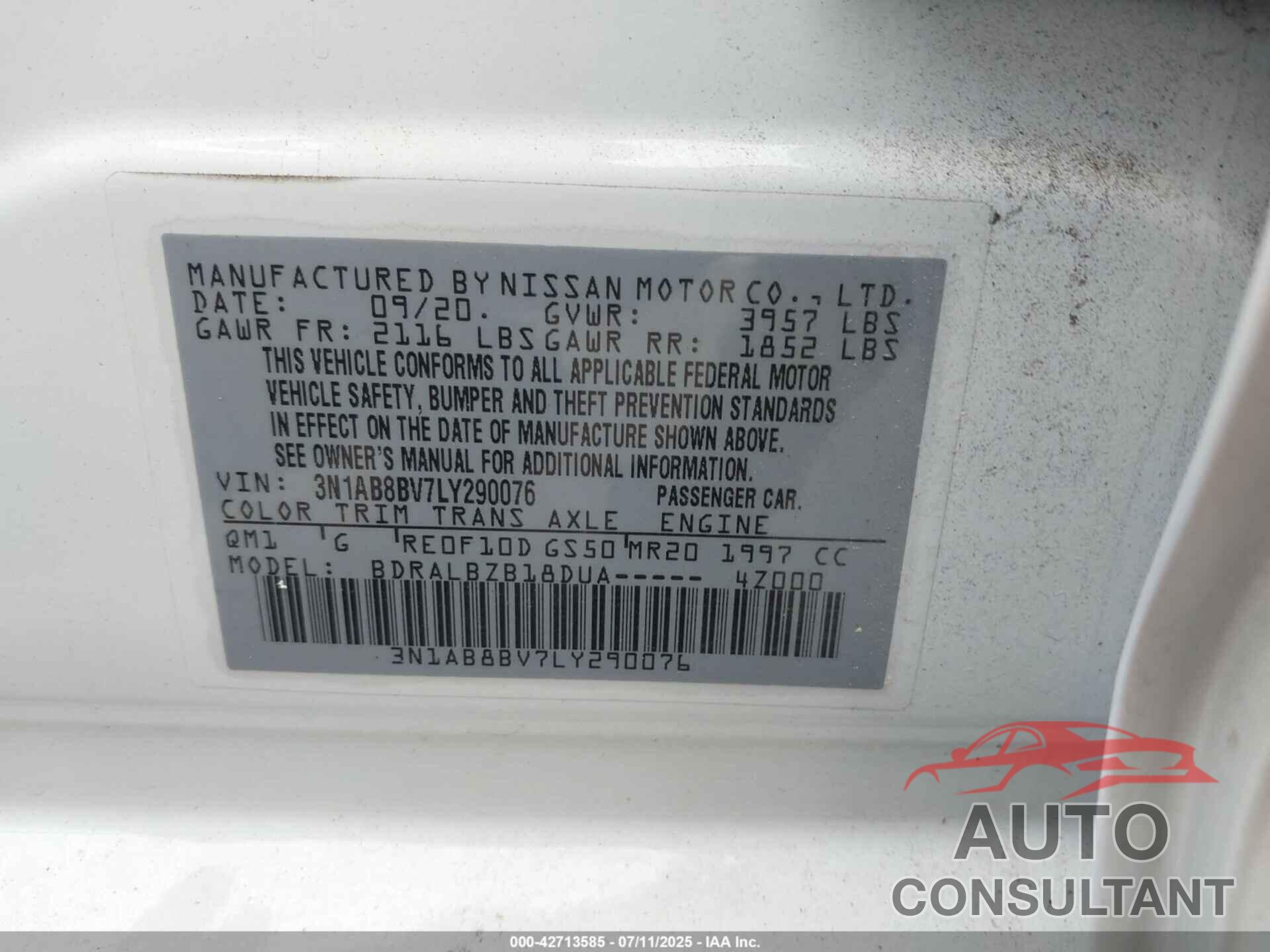 NISSAN SENTRA 2020 - 3N1AB8BV7LY290076