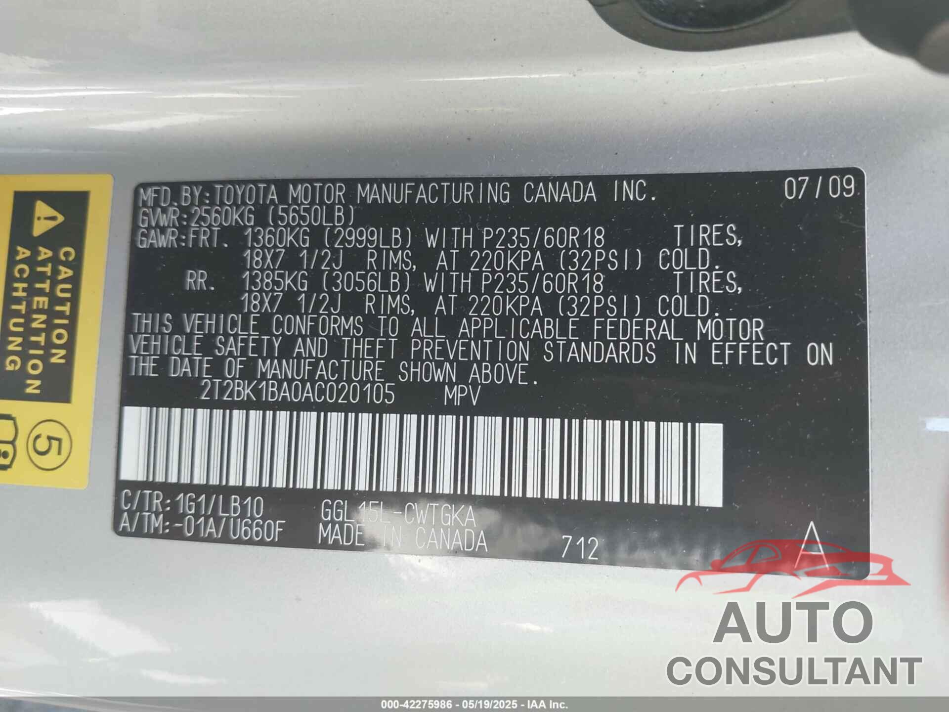 LEXUS RX 350 2010 - 2T2BK1BA0AC020105