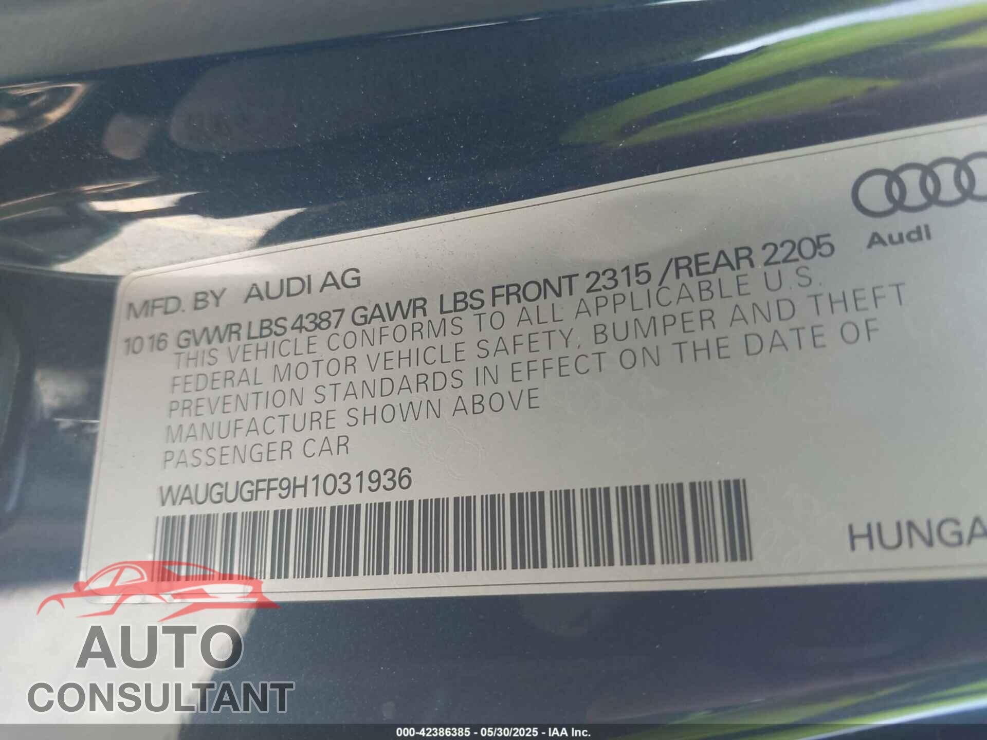 AUDI A3 2017 - WAUGUGFF9H1031936