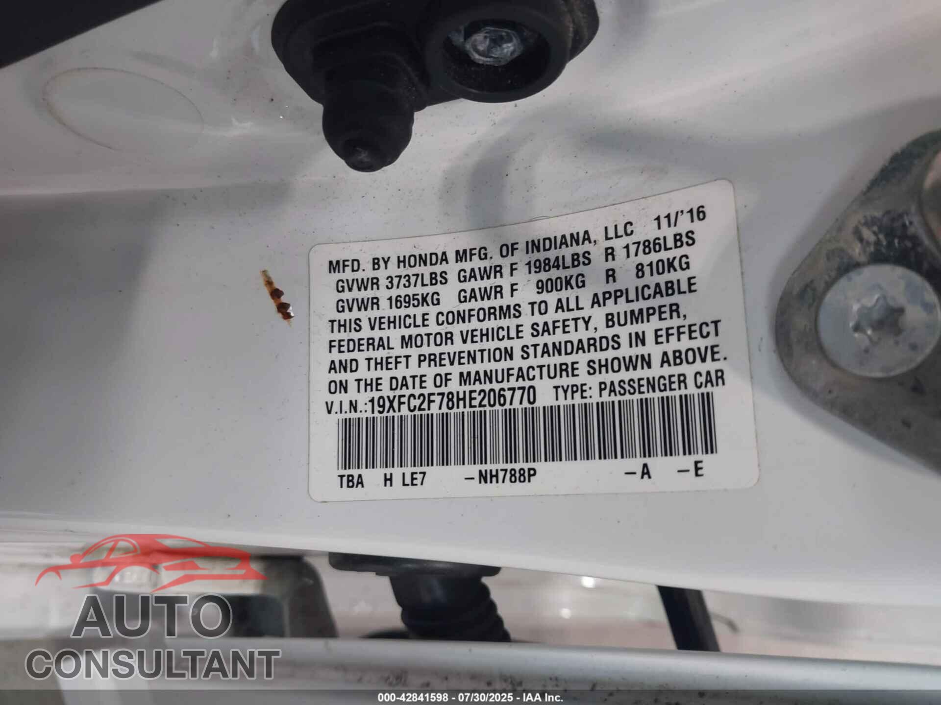 HONDA CIVIC 2017 - 19XFC2F78HE206770