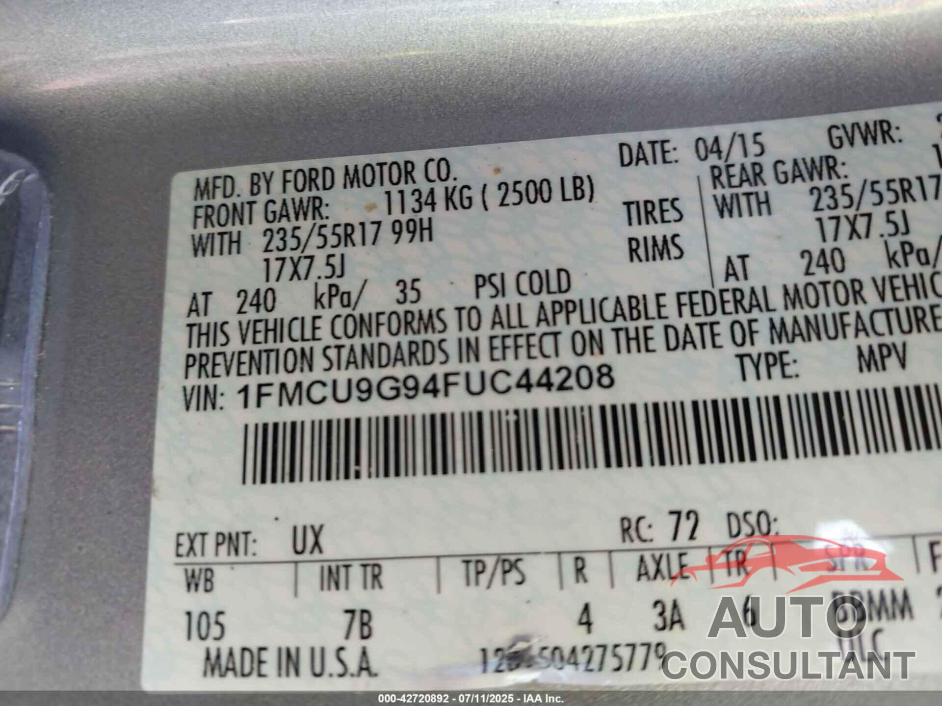 FORD ESCAPE 2015 - 1FMCU9G94FUC44208