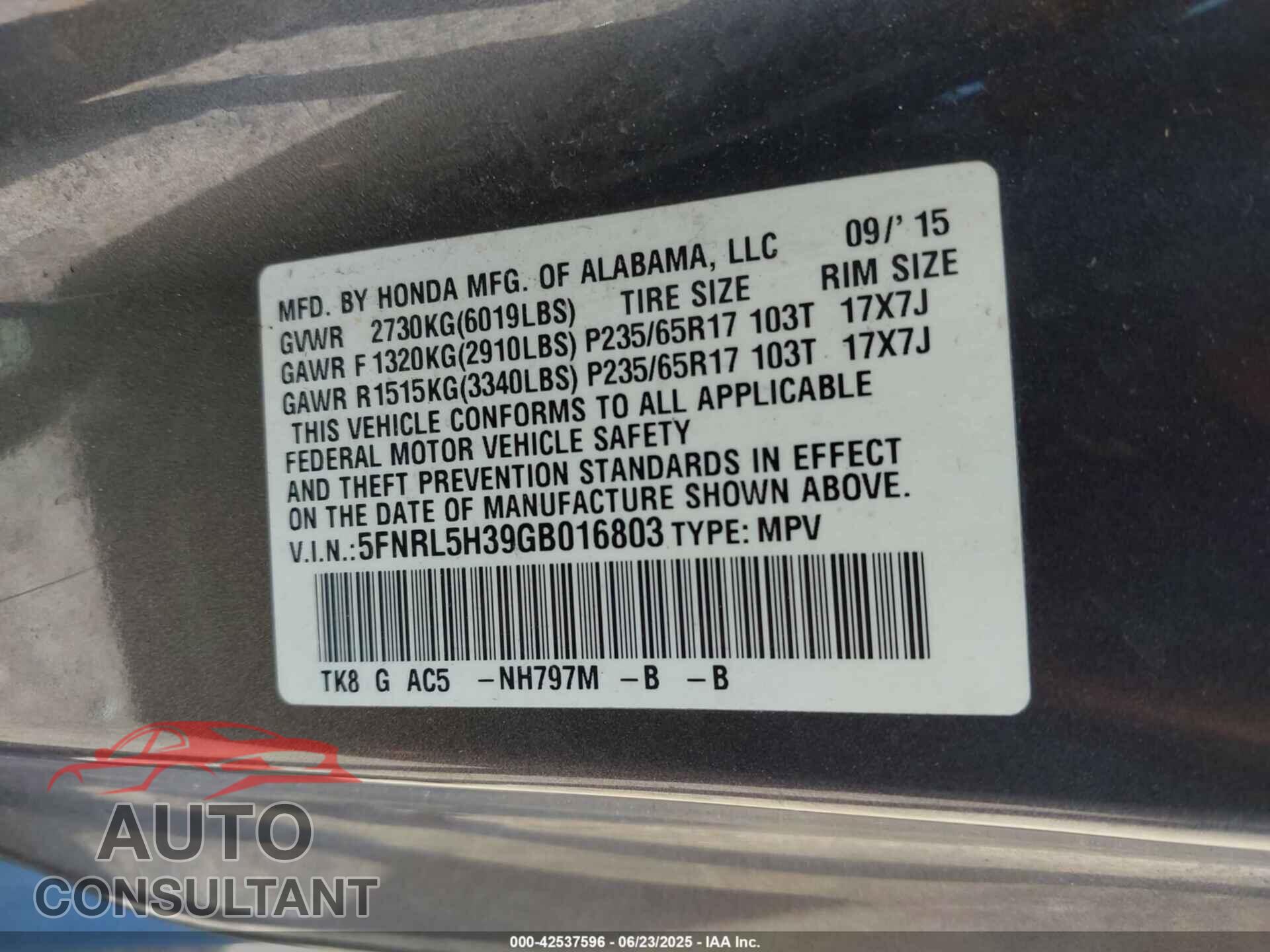 HONDA ODYSSEY 2016 - 5FNRL5H39GB016803