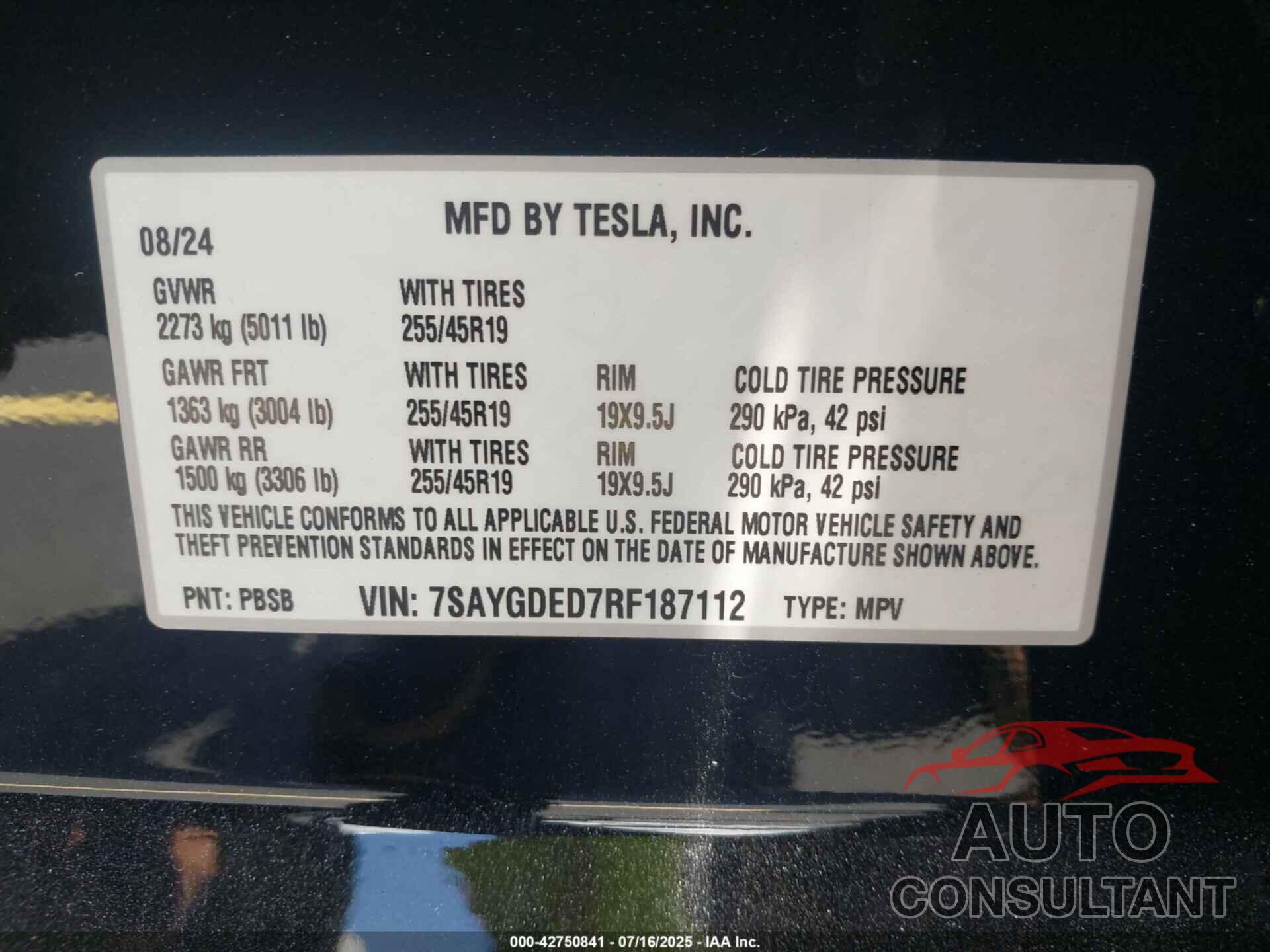 TESLA MODEL Y 2024 - 7SAYGDED7RF187112