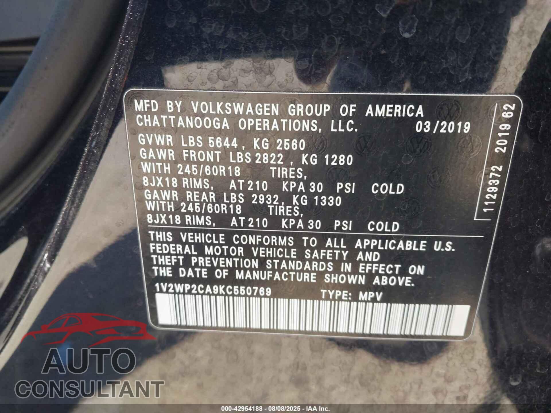 VOLKSWAGEN ATLAS 2019 - 1V2WP2CA9KC550769