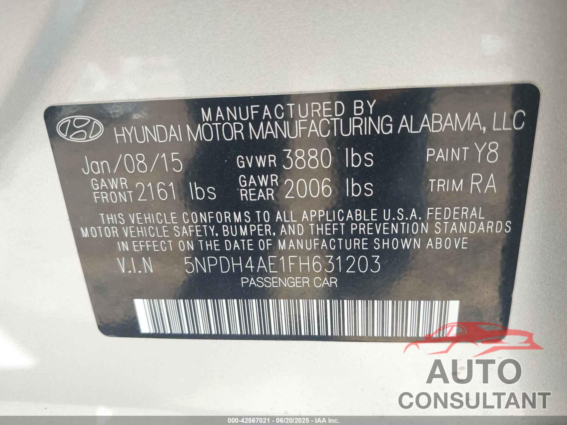 HYUNDAI ELANTRA 2015 - 5NPDH4AE1FH631203