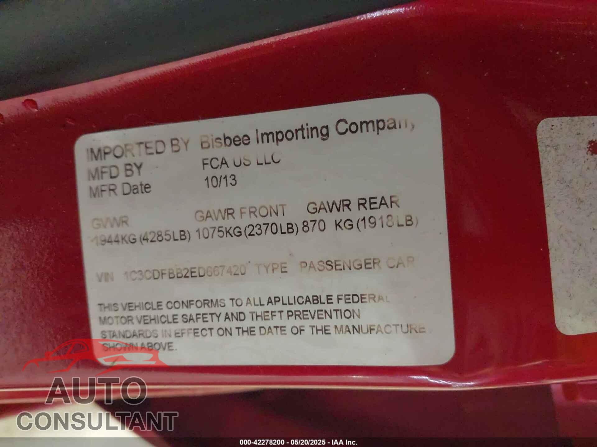 DODGE DART 2014 - 1C3CDFBB2ED667420